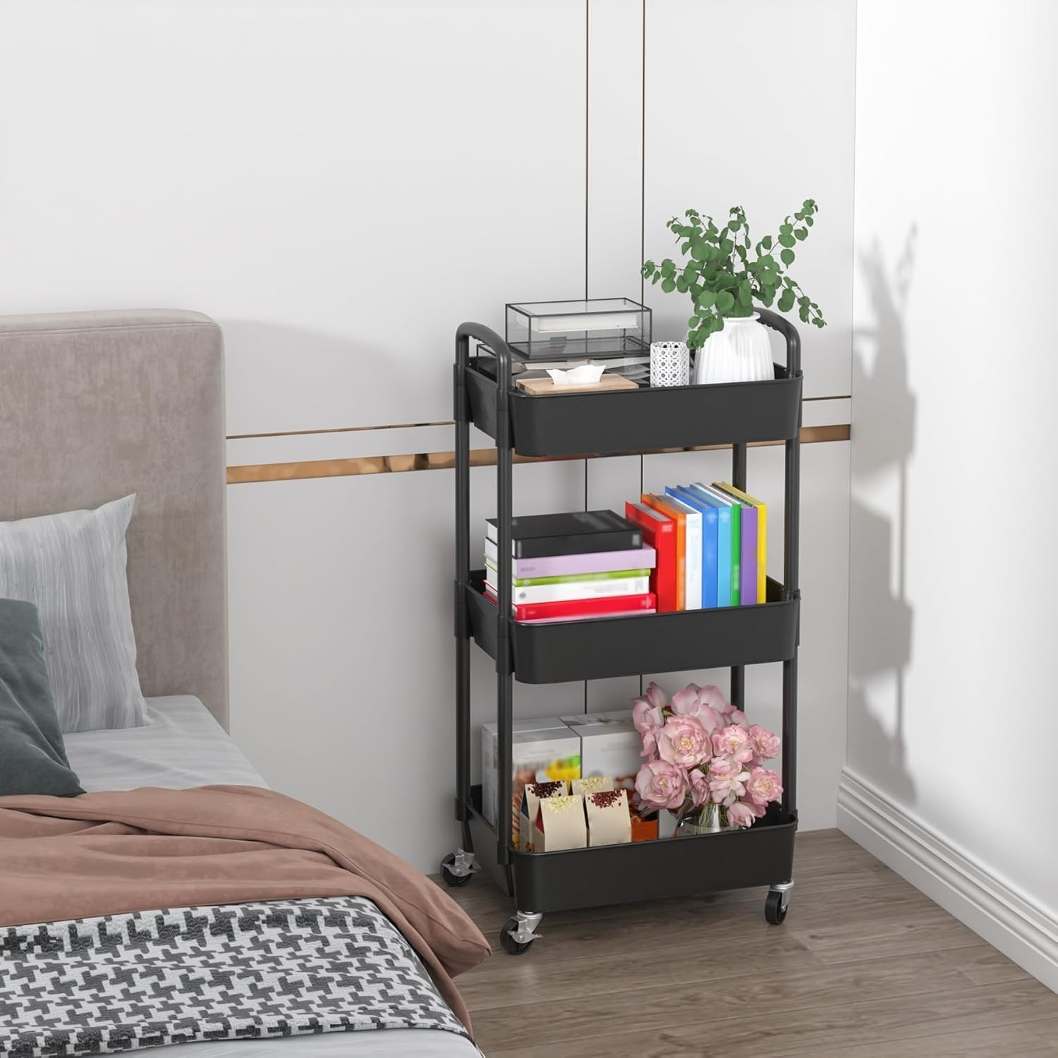 Sleek Mobile Organizer: 3-Tier Utility Cart with Easy Assembly & Locking Wheels