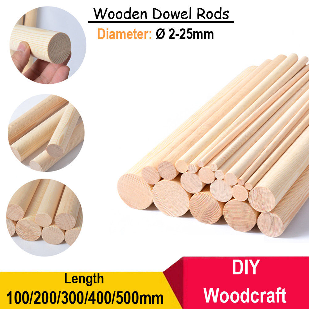 Ø 2-25mm Wooden Dowel Rods Solid Round Wooden Rods Craft Sticks 100-500mm Length