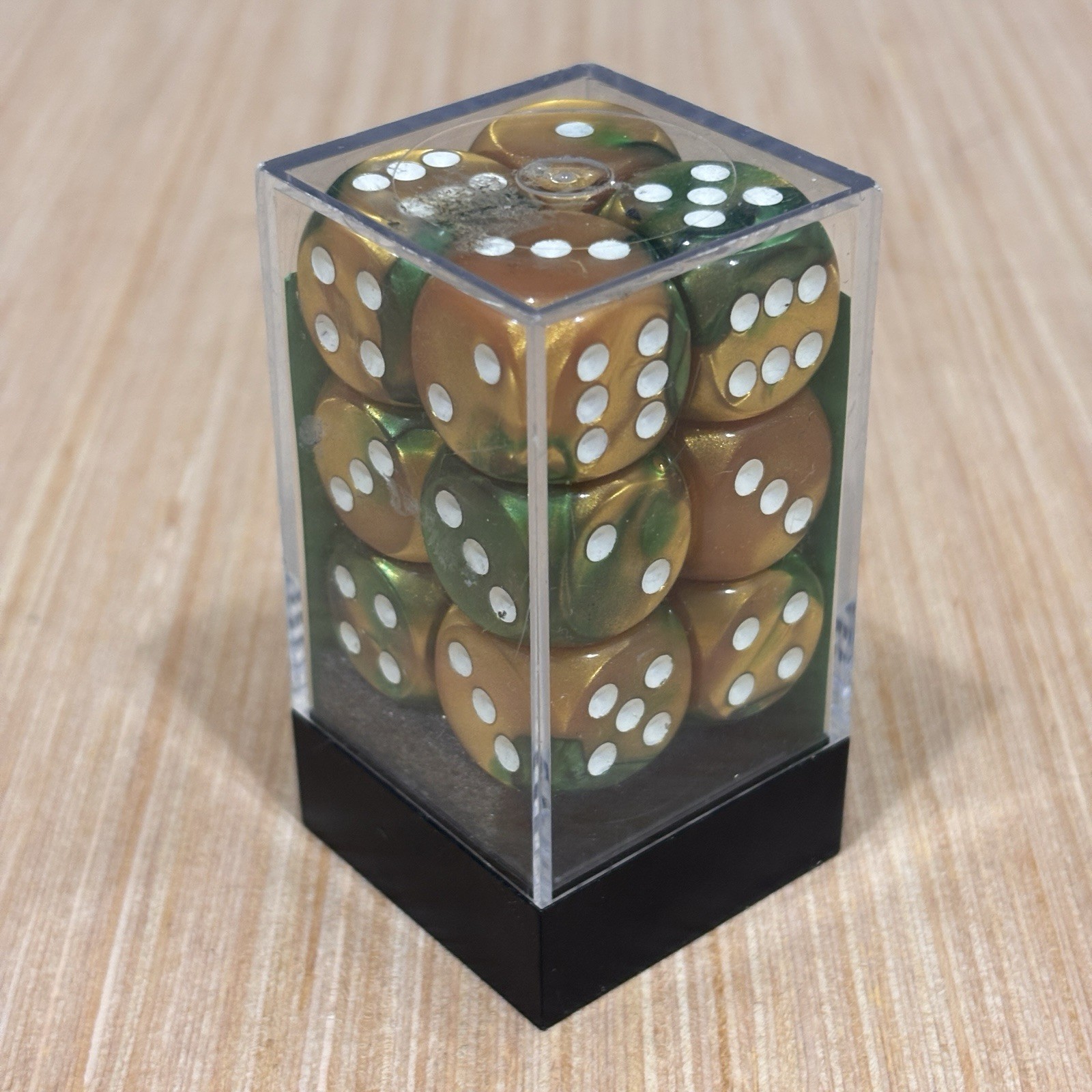 Chessex Gemini Gold Green with White 12 Dice Set - 6 Sided 16mm d6 Dice Block