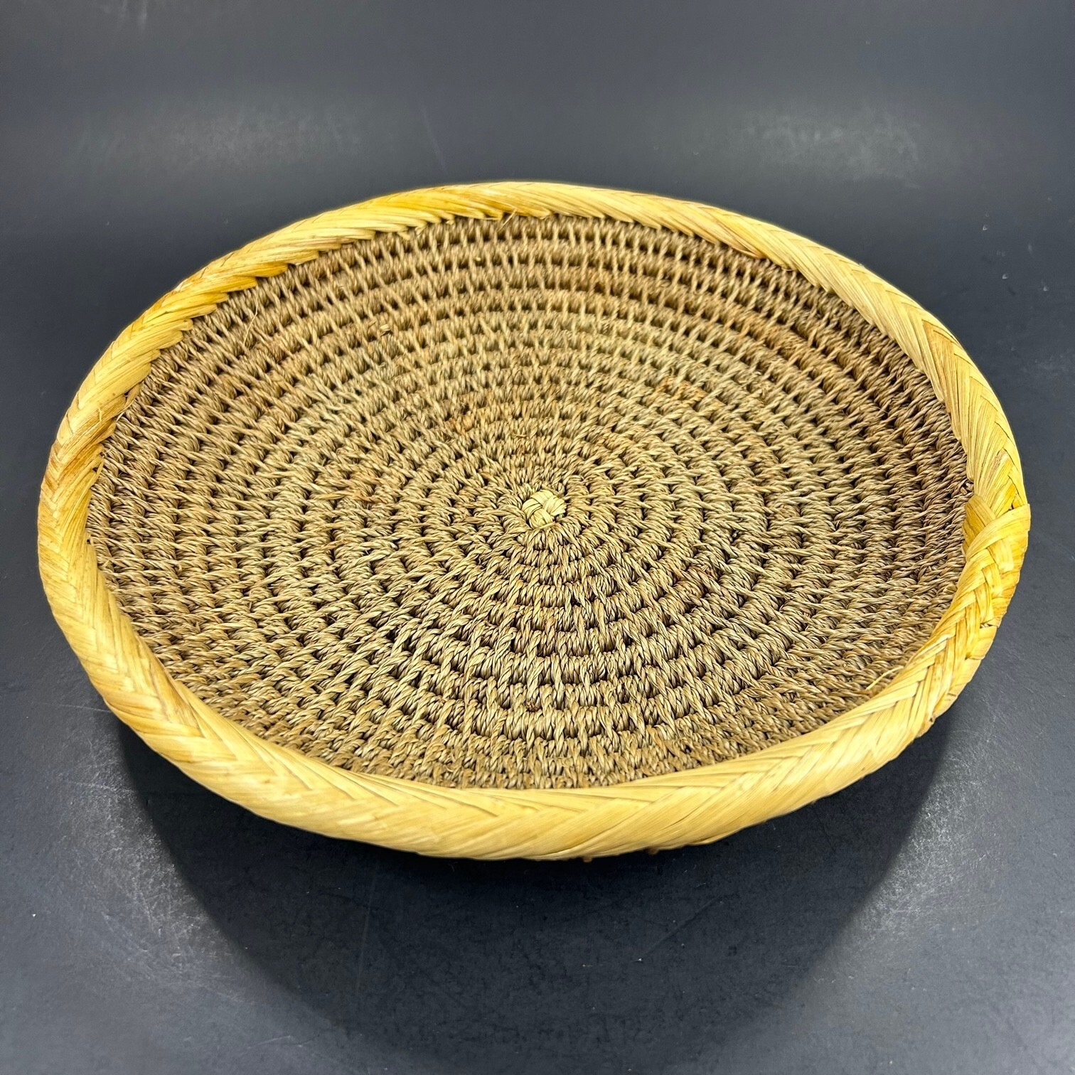 Shallow Coiled Cordage Bowl Basket with Braided Grass Edge Flexible Round