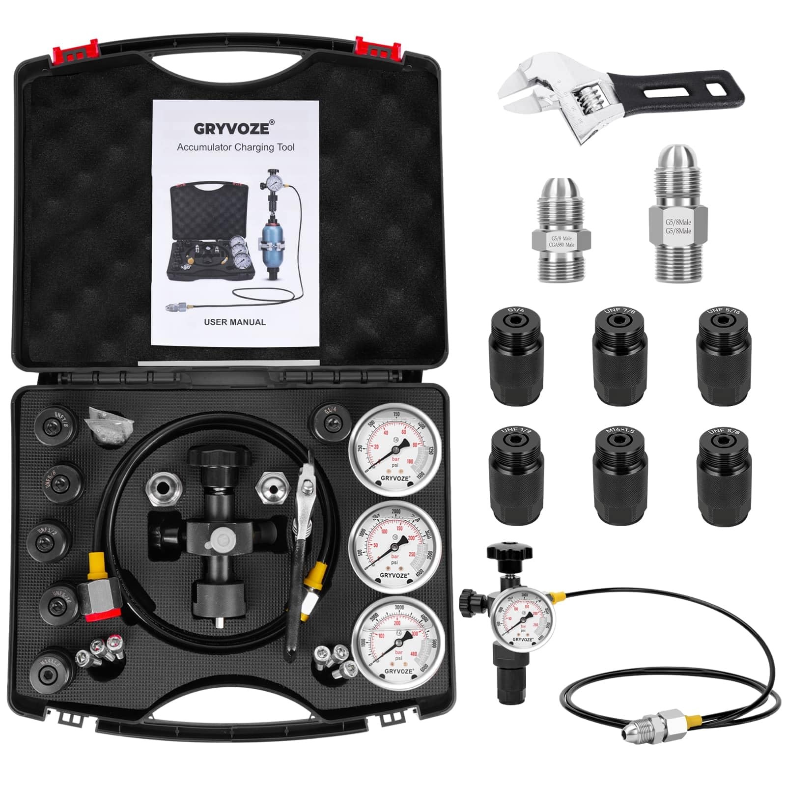 Hydraulic Nitrogen Accumulator Charging Kit 7 Adapters, 3 Gauges, 1 Hose G5/8