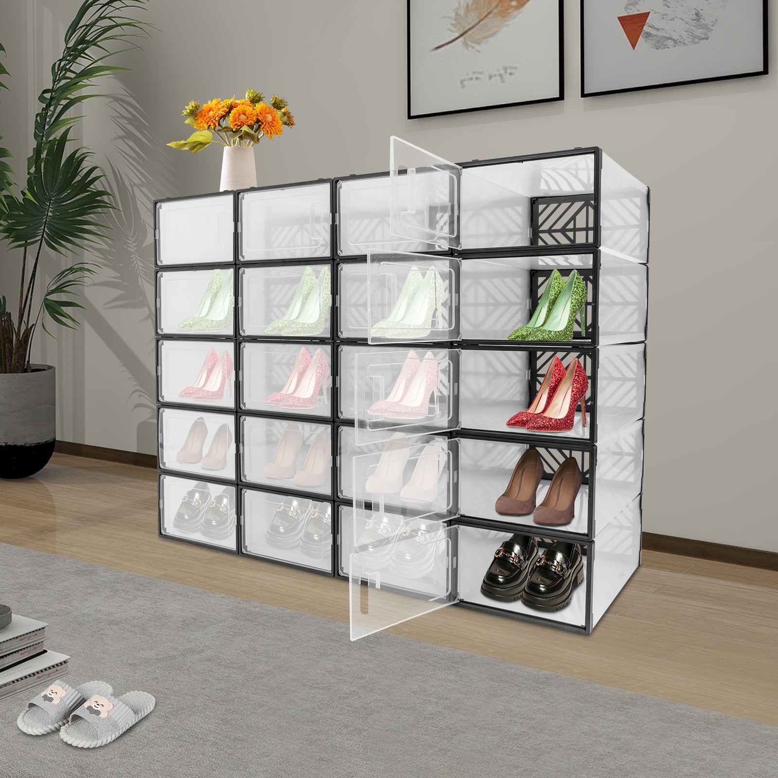 20 Pack Clear Plastic Shoe Boxes With Lids Stackable Storage Container Organizer