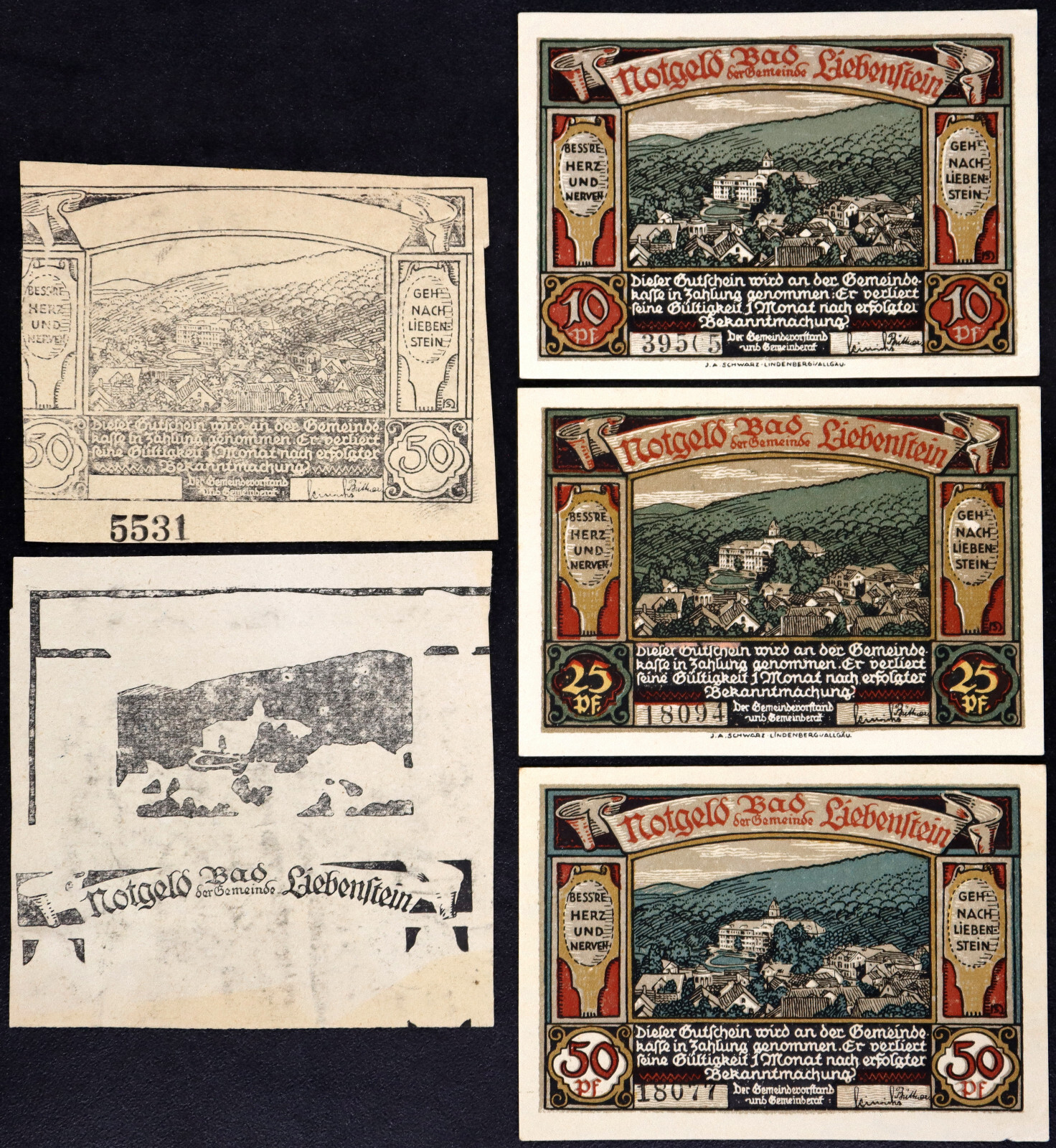 BAD LIEBENSTEIN 1921 2pcs XX-RARE TEST PRINTS + Complete Series German Notgeld