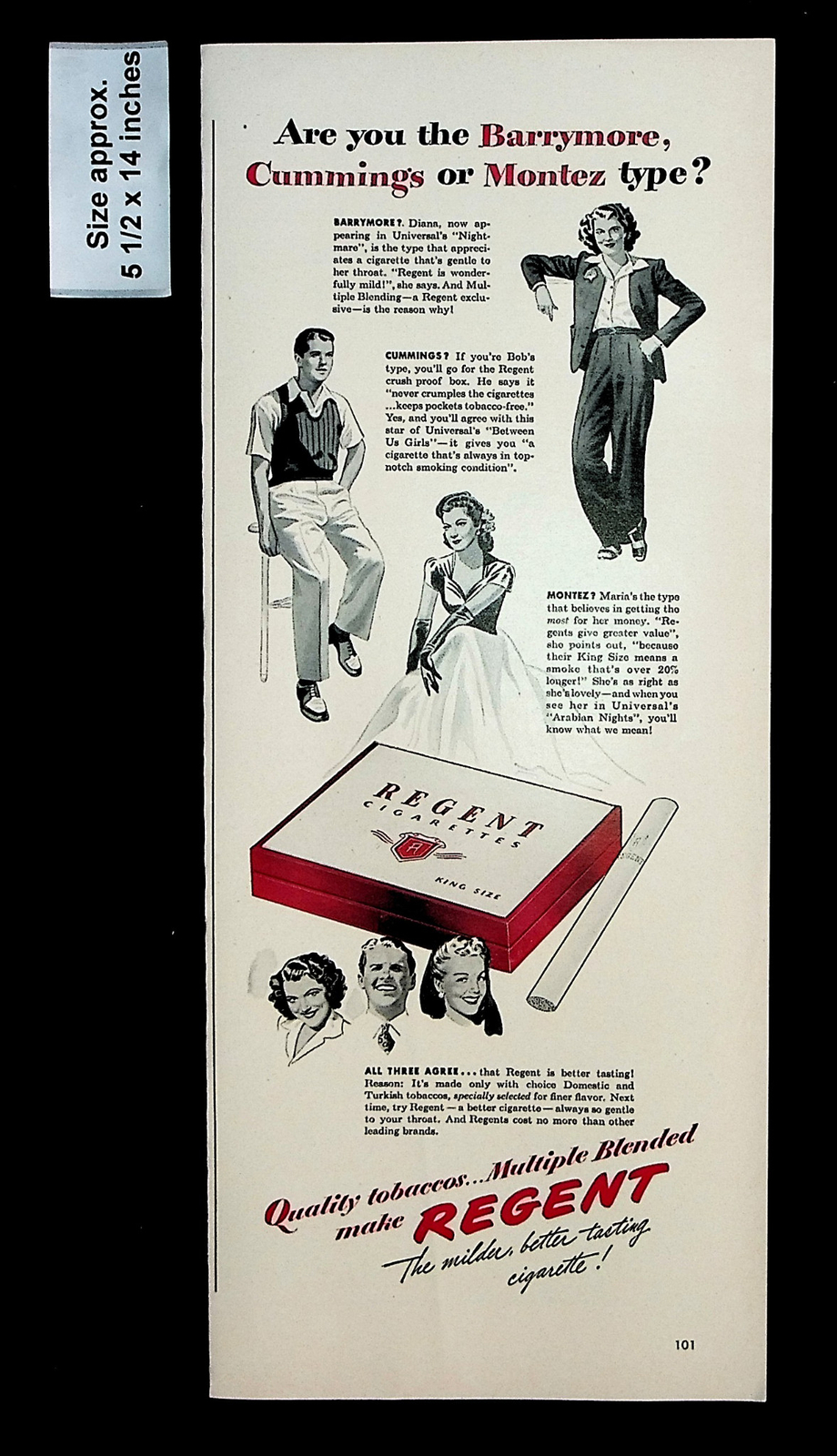 1943 Regent Cigarettes Diana Barrymore Maria Montez Smoke Vintage Print Ad 33300