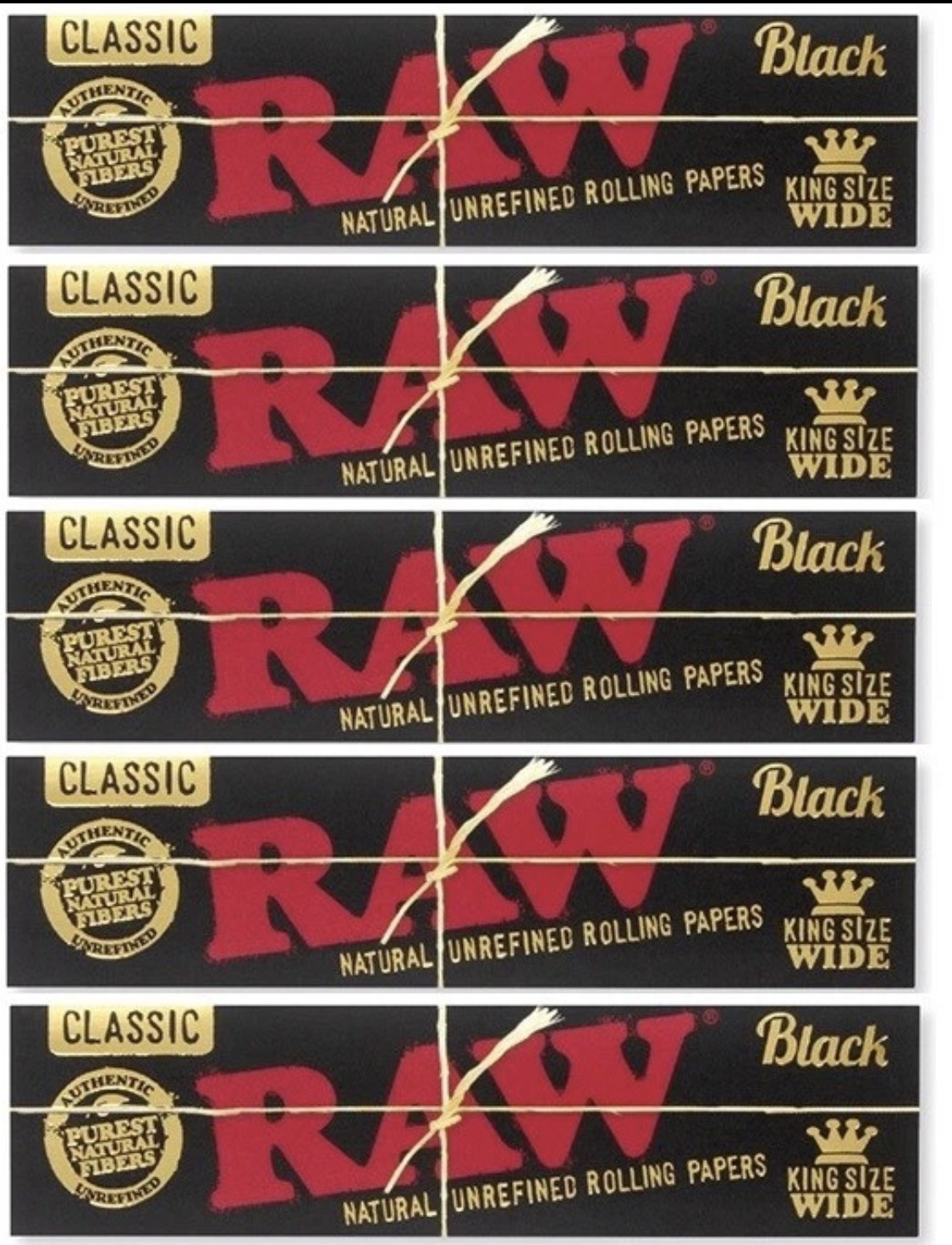 5 PACKS of RAW BLACK CLASSIC KING SIZE "WIDE" Rolling Papers- 33 leaves pack