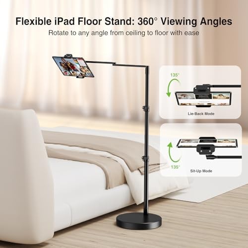 Adjustable Tablet Floor Stand with Heavy Duty Base, Side-Clamp Tablet Holder