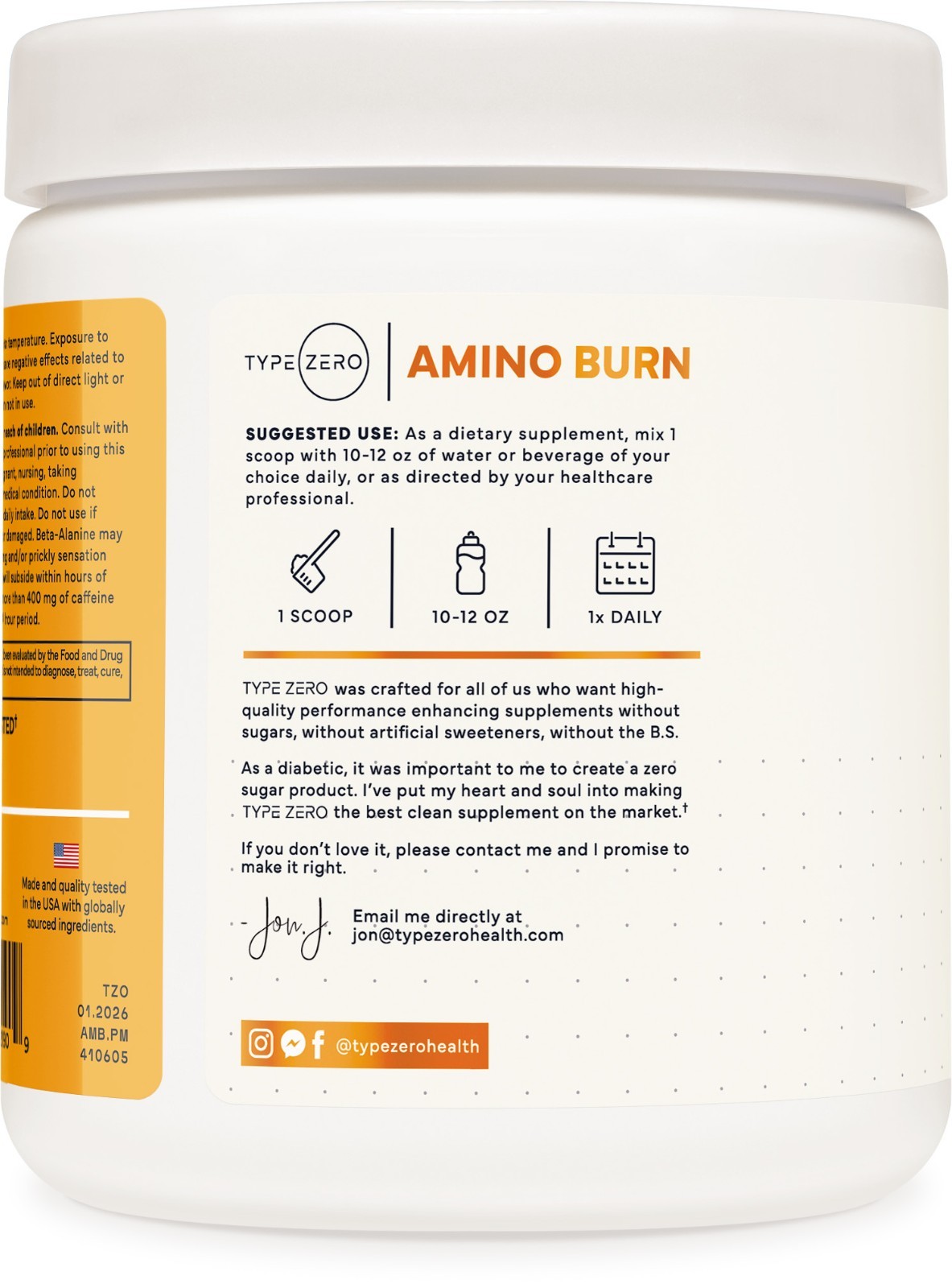 Type Zero Amino Burn (Peach Mango) 30 Servings - Pre Workout with Vegan BCAAs