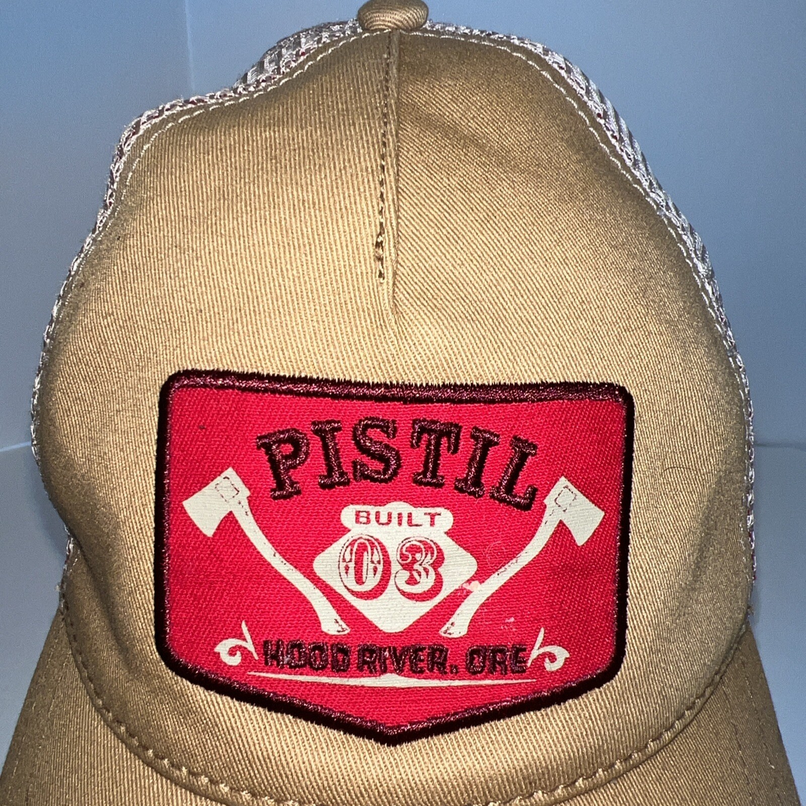 PISTIL Built 03 Hood River ORE Hat Cap Trucker with Gold fabric, Tan Mesh Red