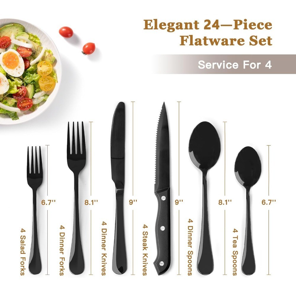 24-Piece Black Silverware Set with Steak Knives Flatware Set for 4