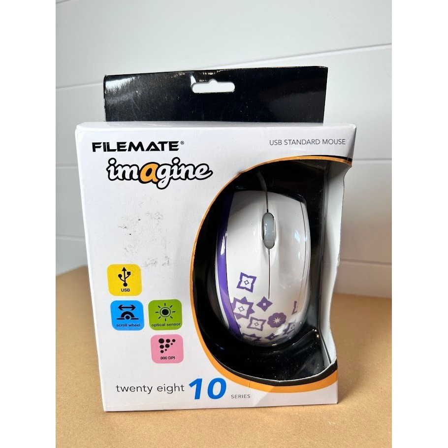 Filemate Imagine 10 Series USB Standard Mouse White Purple Floral NB-3708 New