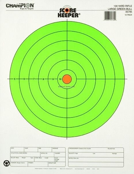 Champion Score Keeper Paper Targets 100 Yd Fluorescent Green Bull 12/Pack 45795