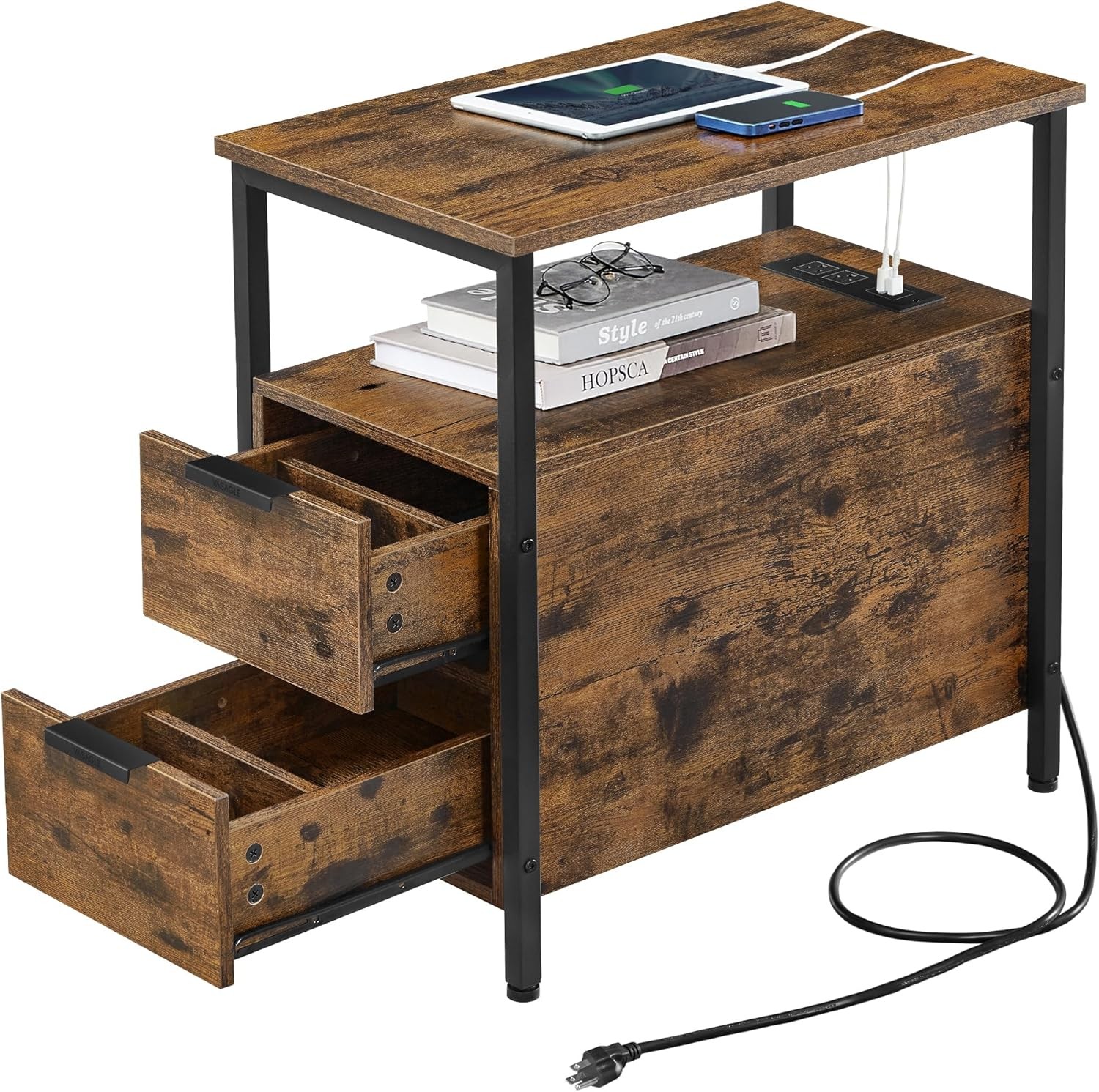 VASAGLE Side Table with Charging Station, Narrow End Rustic Brown + Black