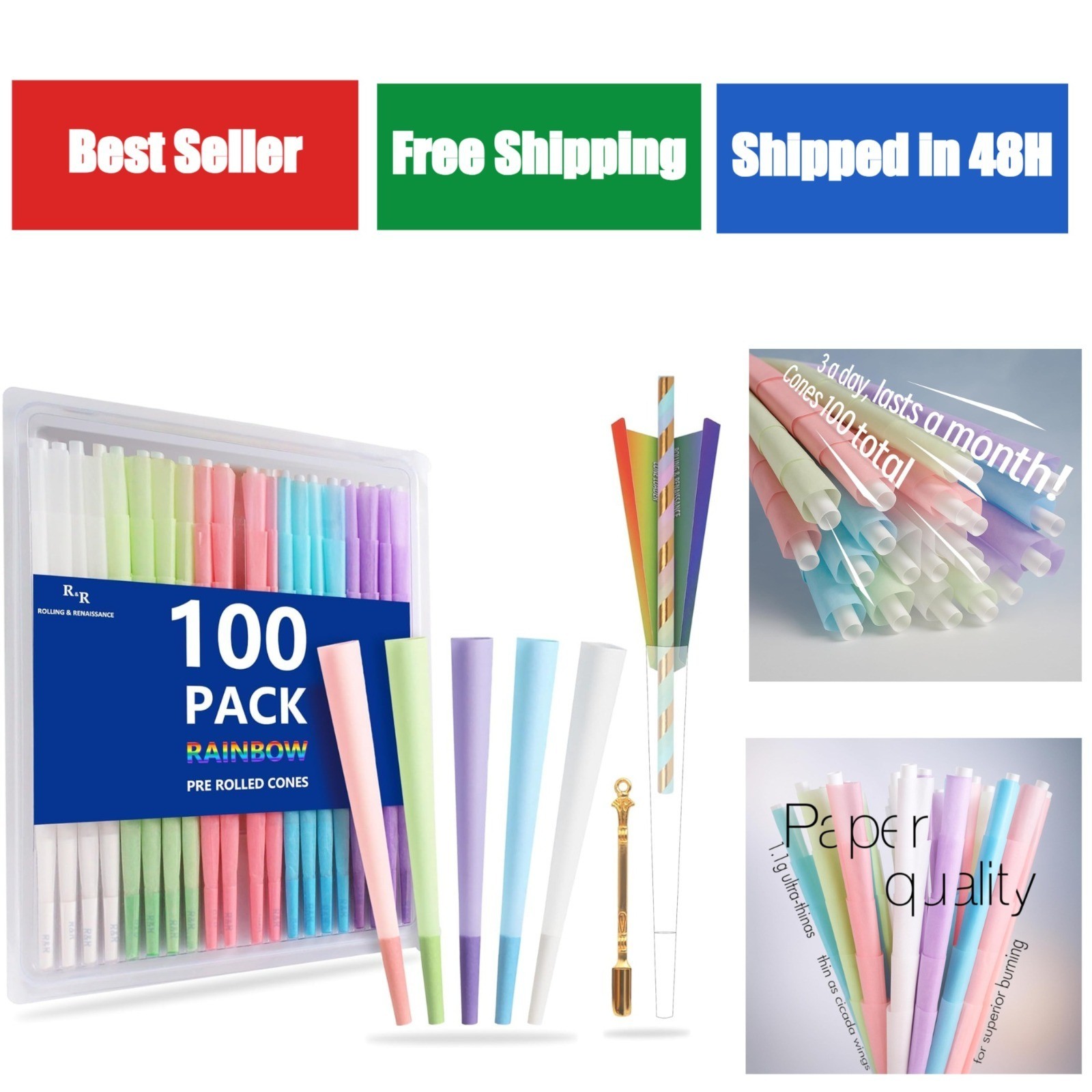 Rolling & Renaissance 100 Pack Colorful Pre Rolled Cones with Filters