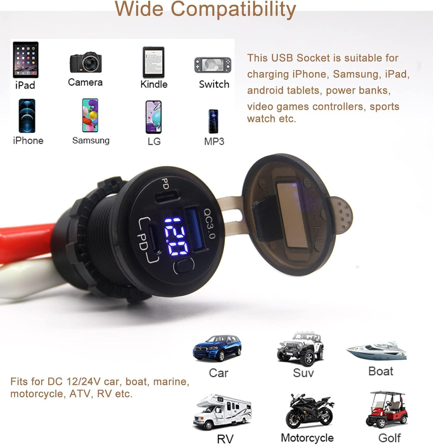 12-24V Dual USB Quick Charge 3.0 Port & PD USB C Car Charger Socket w/ Voltmeter