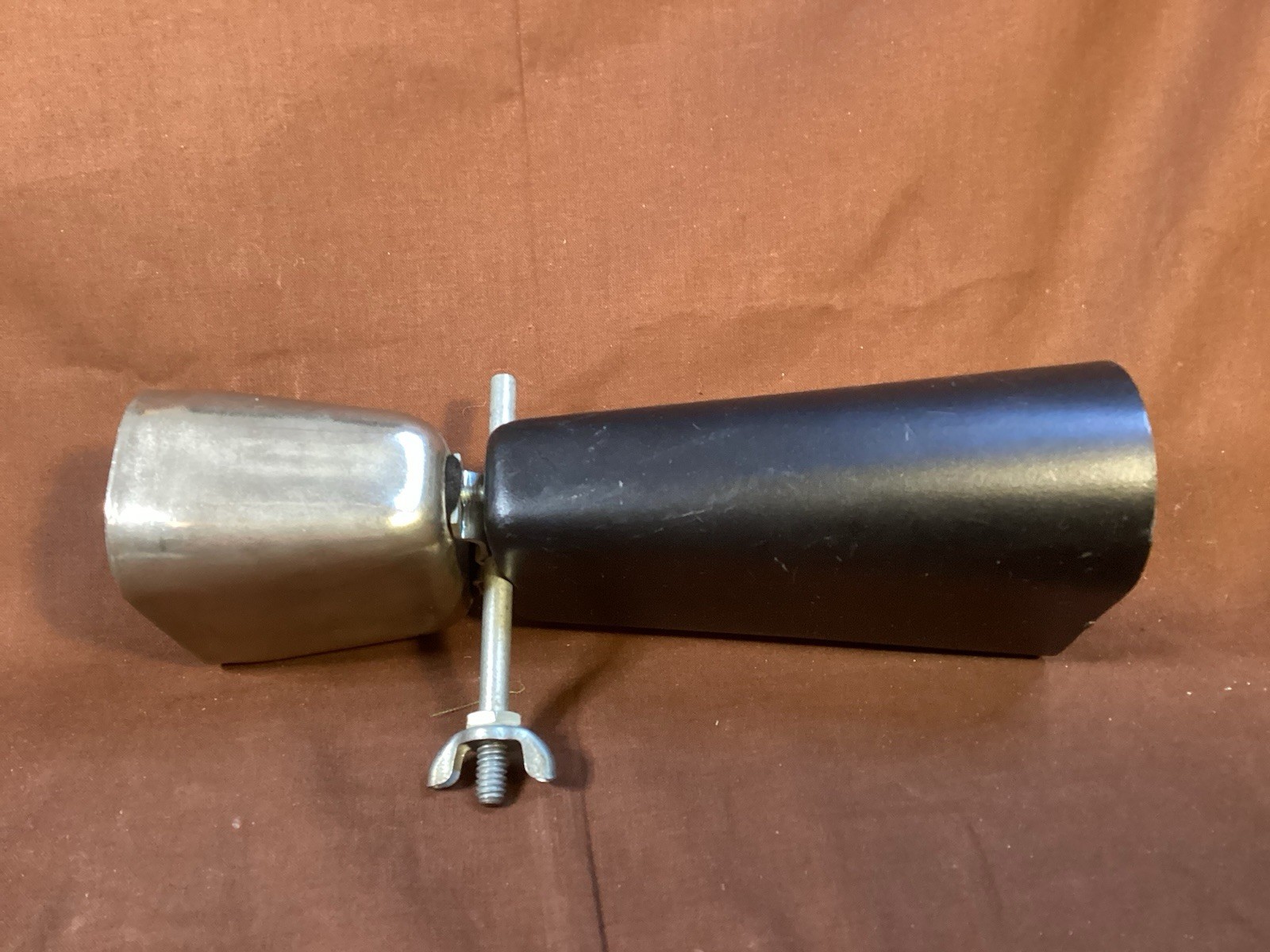 Double cowbell percussion instrument 2 1/2” metal 5” plastic with mounting bolt