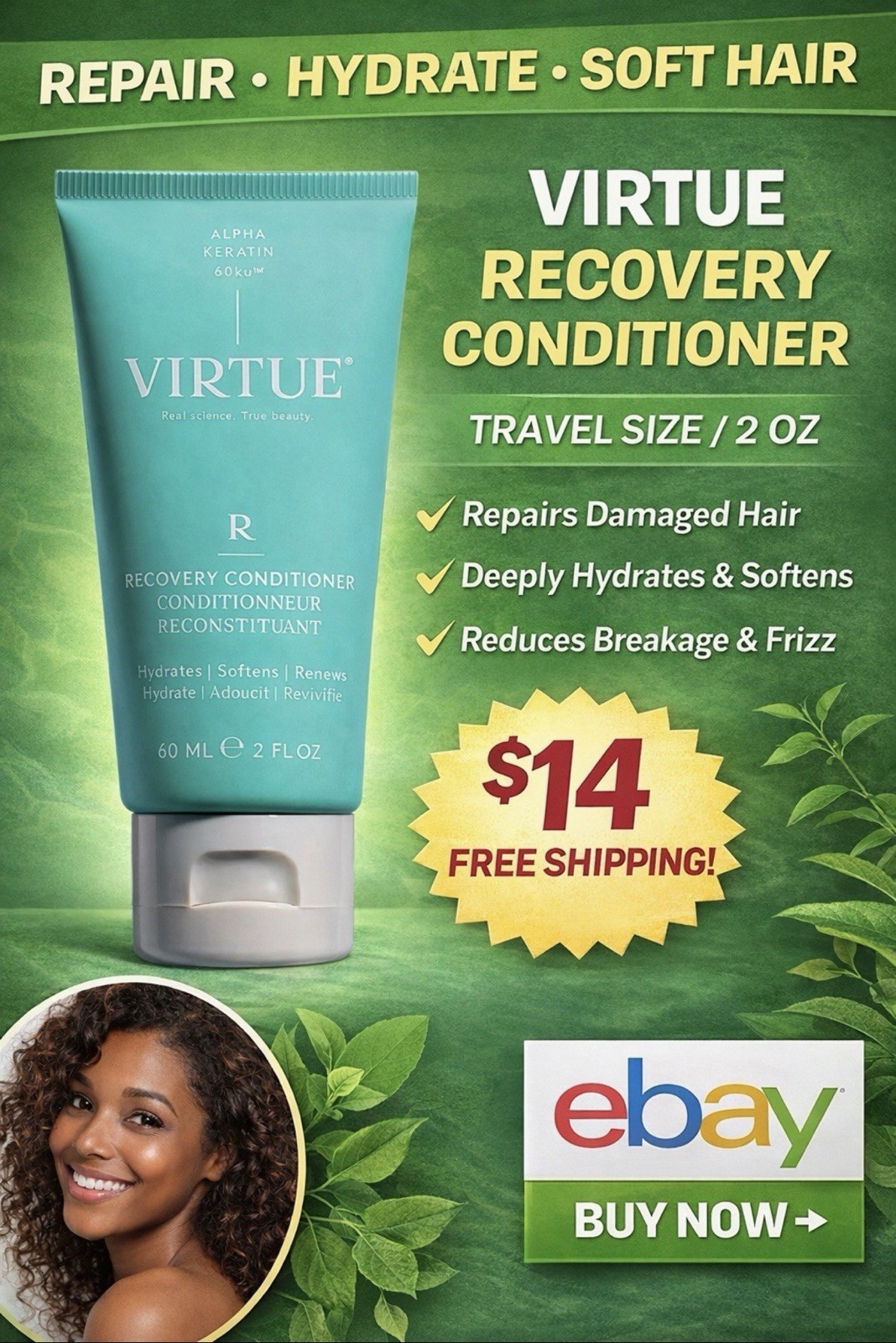 Virtue Recovery Conditioner 2oz 60ml Travel Size Alpha Keratin Repair Hydrating
