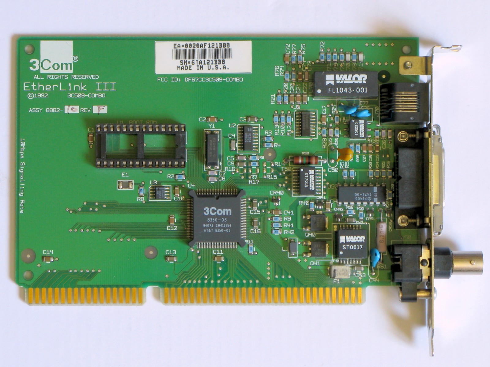 Retro 3Com Etherlink III 3C509-COMBO, 16-Bit ISA Network Card, RJ-45, BNC, AUI