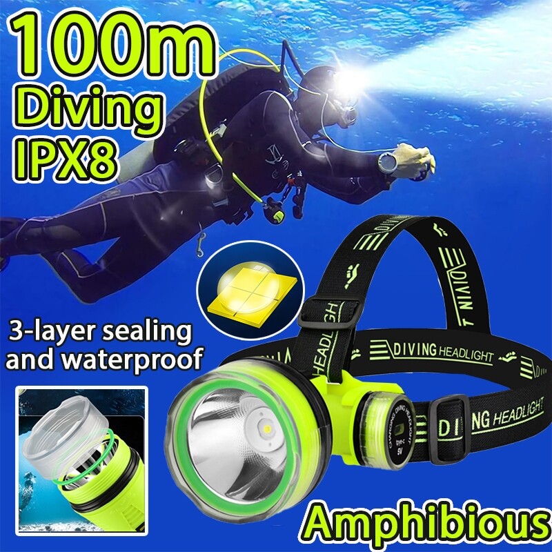 Super Bright 100m Diving Headlight Flashlight Rechargeabl Led High Power Torch