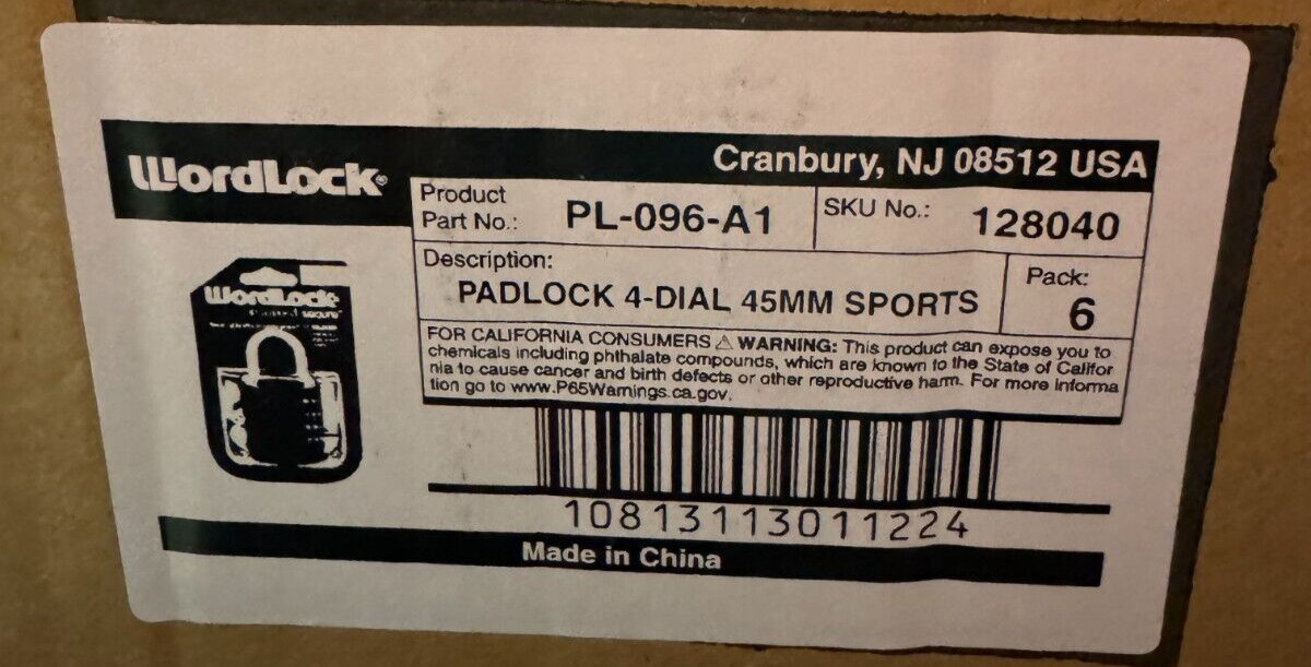 6 Wordlock PL-096-A1 Resettable 4 Dial Combination Sports Lock Padlock 3 COLORS