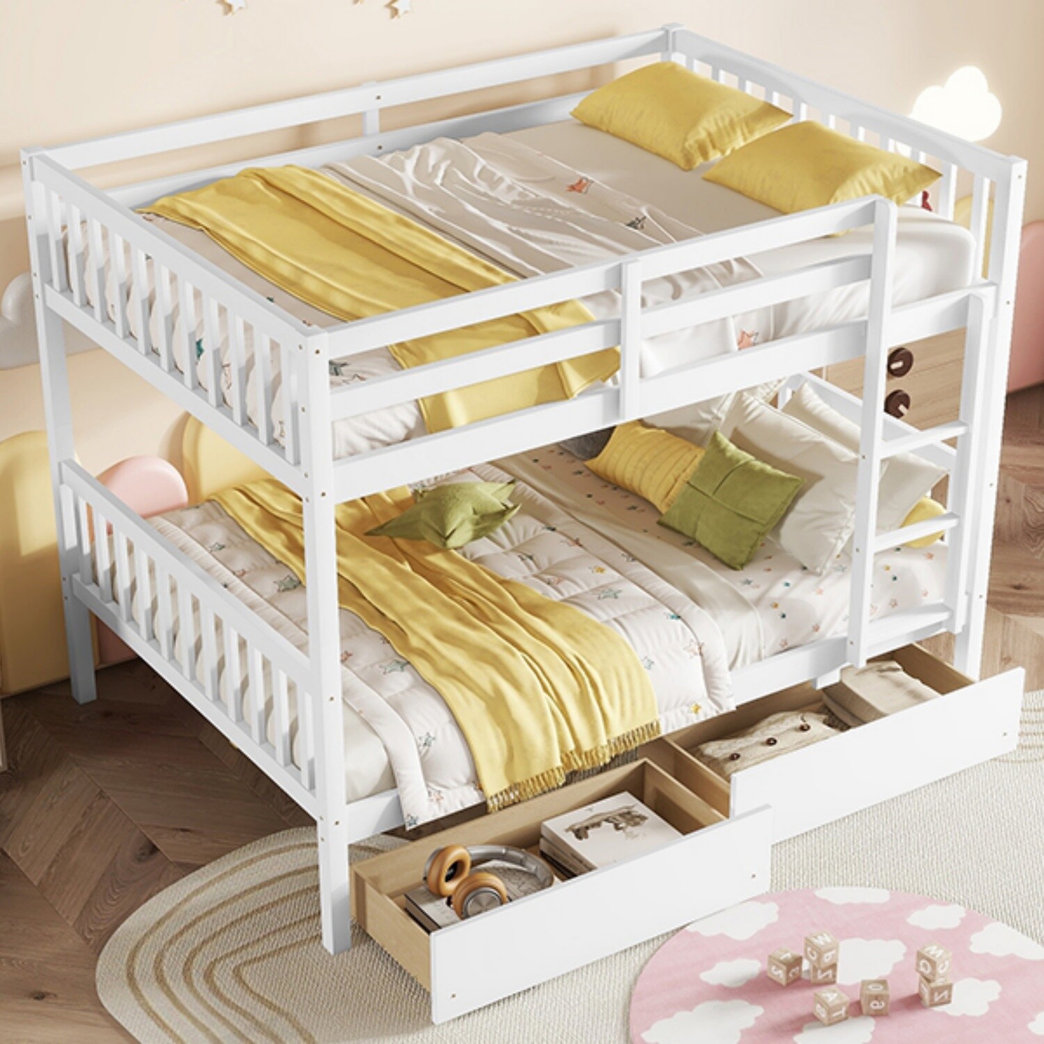 Full Over Full Wood Bunk Bed Convertible Full Size Bed Frame w/ 2 Drawers