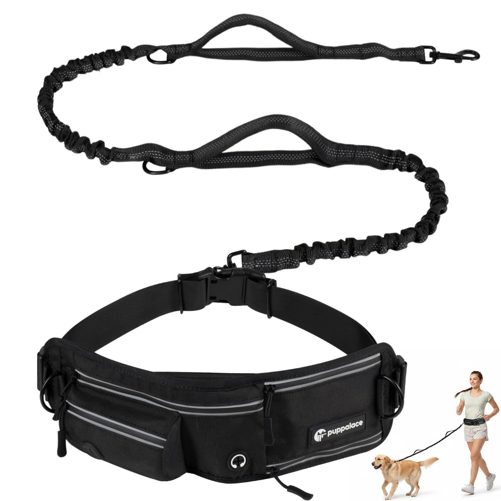 Hands Free Dog Leash with Waist Pack & 4 Metal Clips - Adjustable Leash with ...