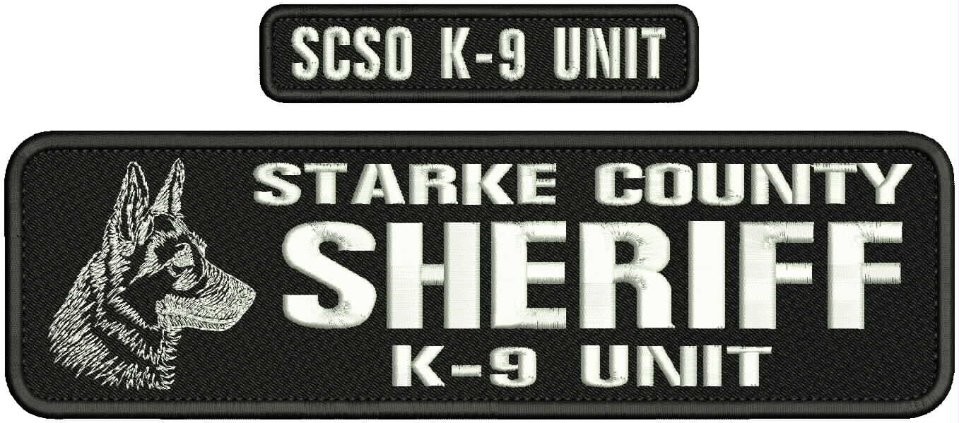 STARKE C SHERIFF K-9 UNIT EMB PATCH 3X11 AND 1X5 HOOK ON BACK WHITE ON BLACK