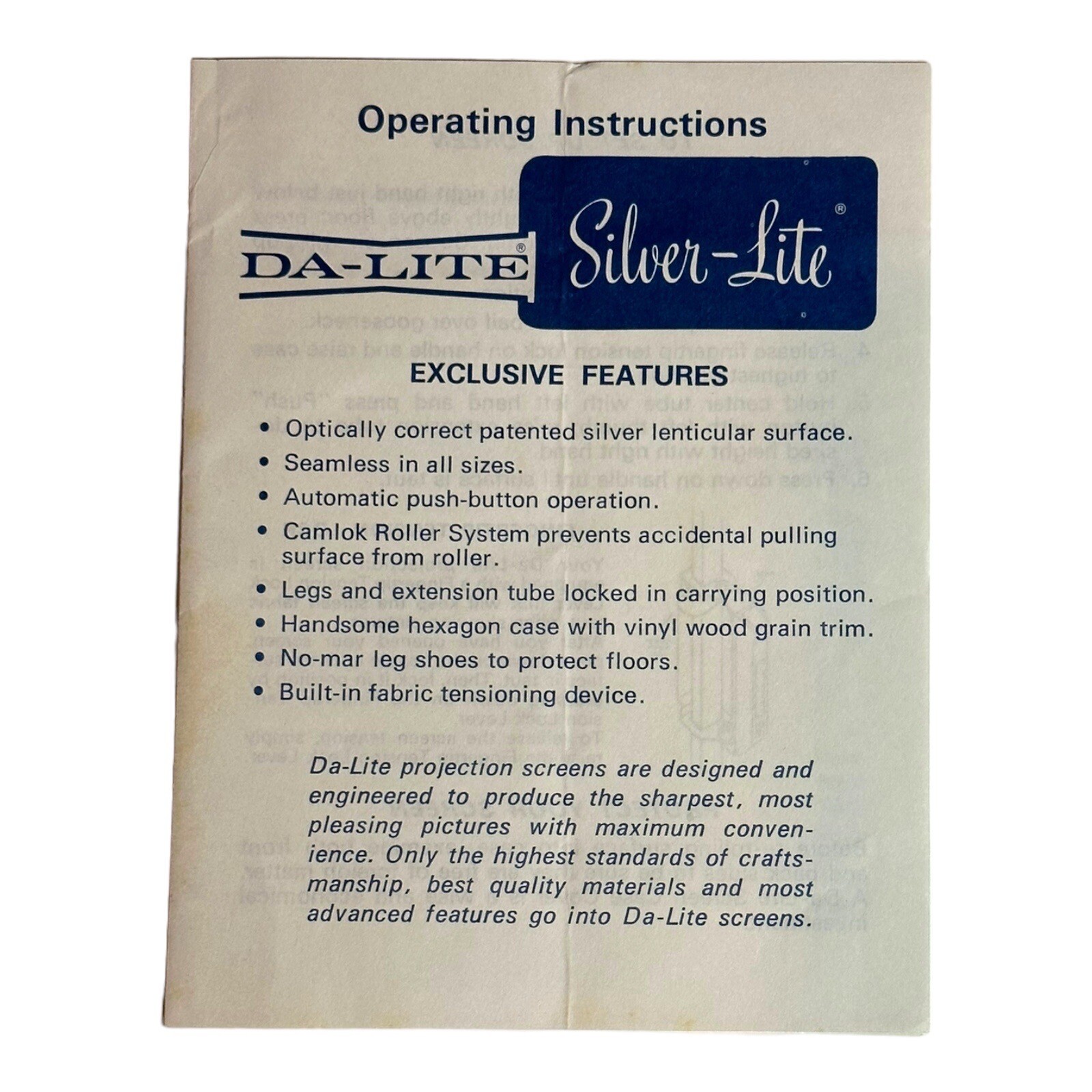 Vintage Da-Lite Silver Flyer Portable Movie Projection Screen Instructions Paper