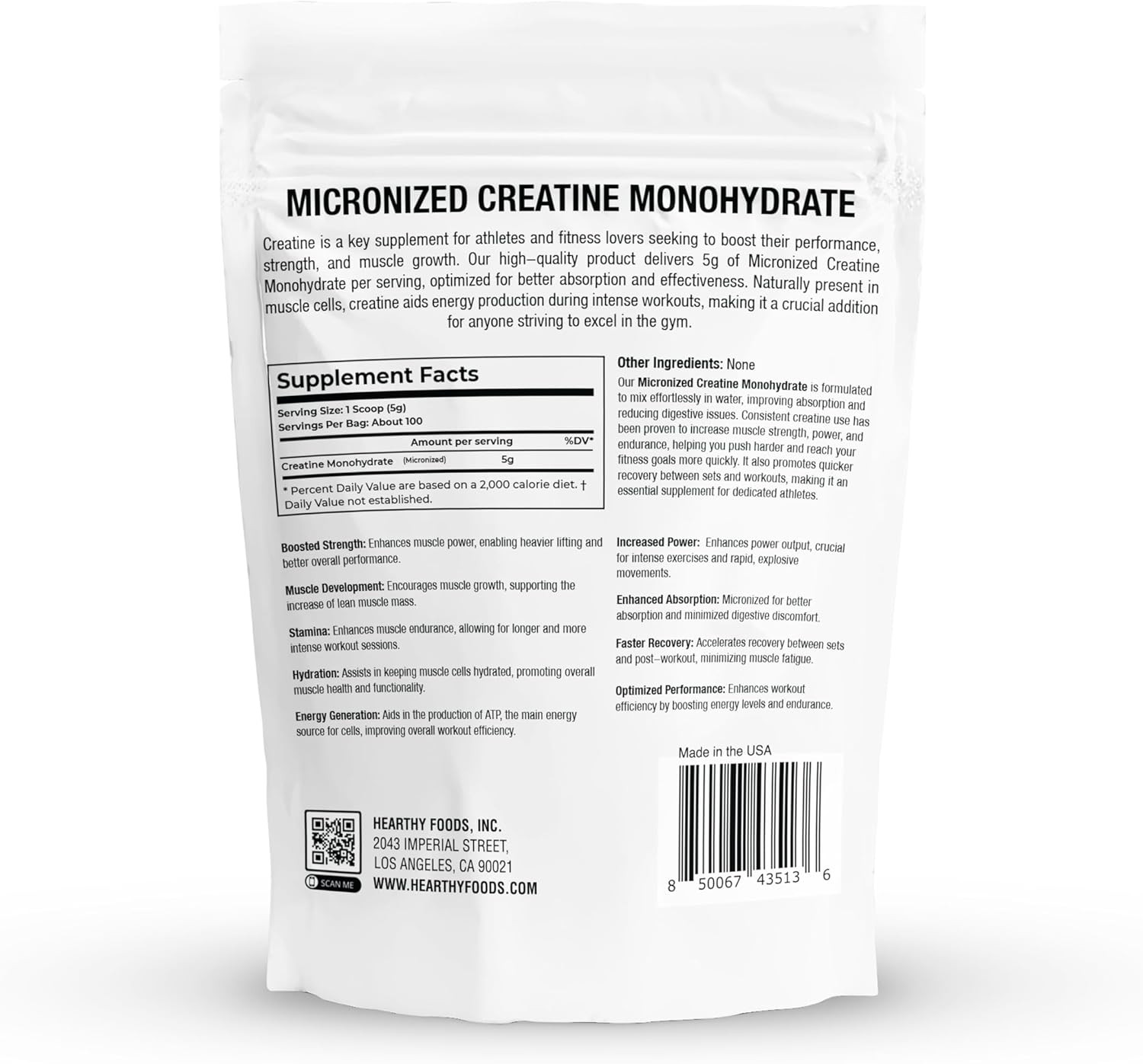 Creatine Monohydrate Micronized Powder 500G - 100 Servings, 5000Mg per Serving (