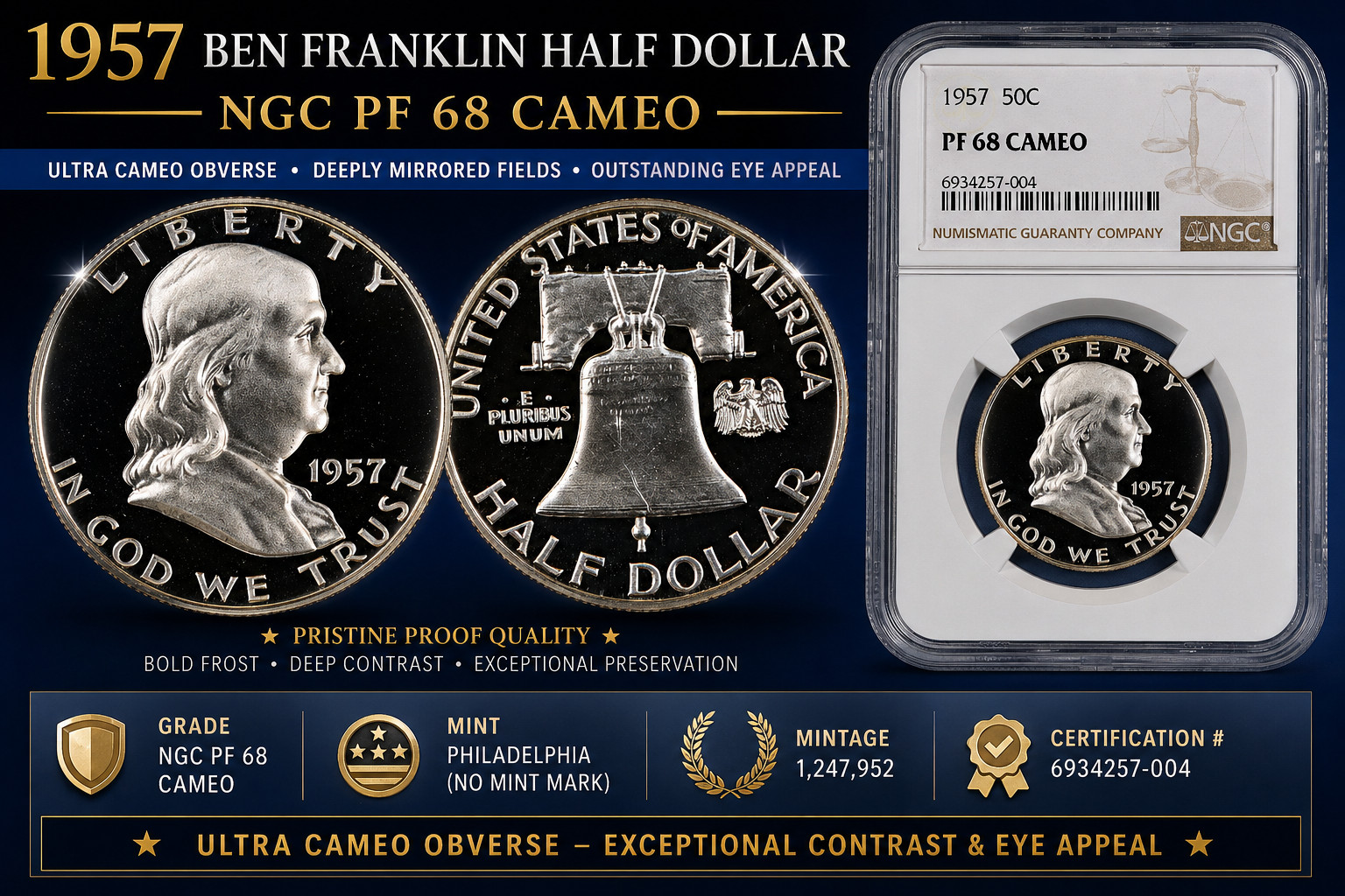 1957 Franklin Half Dollar NGC PF 68  CAMEO - Mega Frost Obverse!!