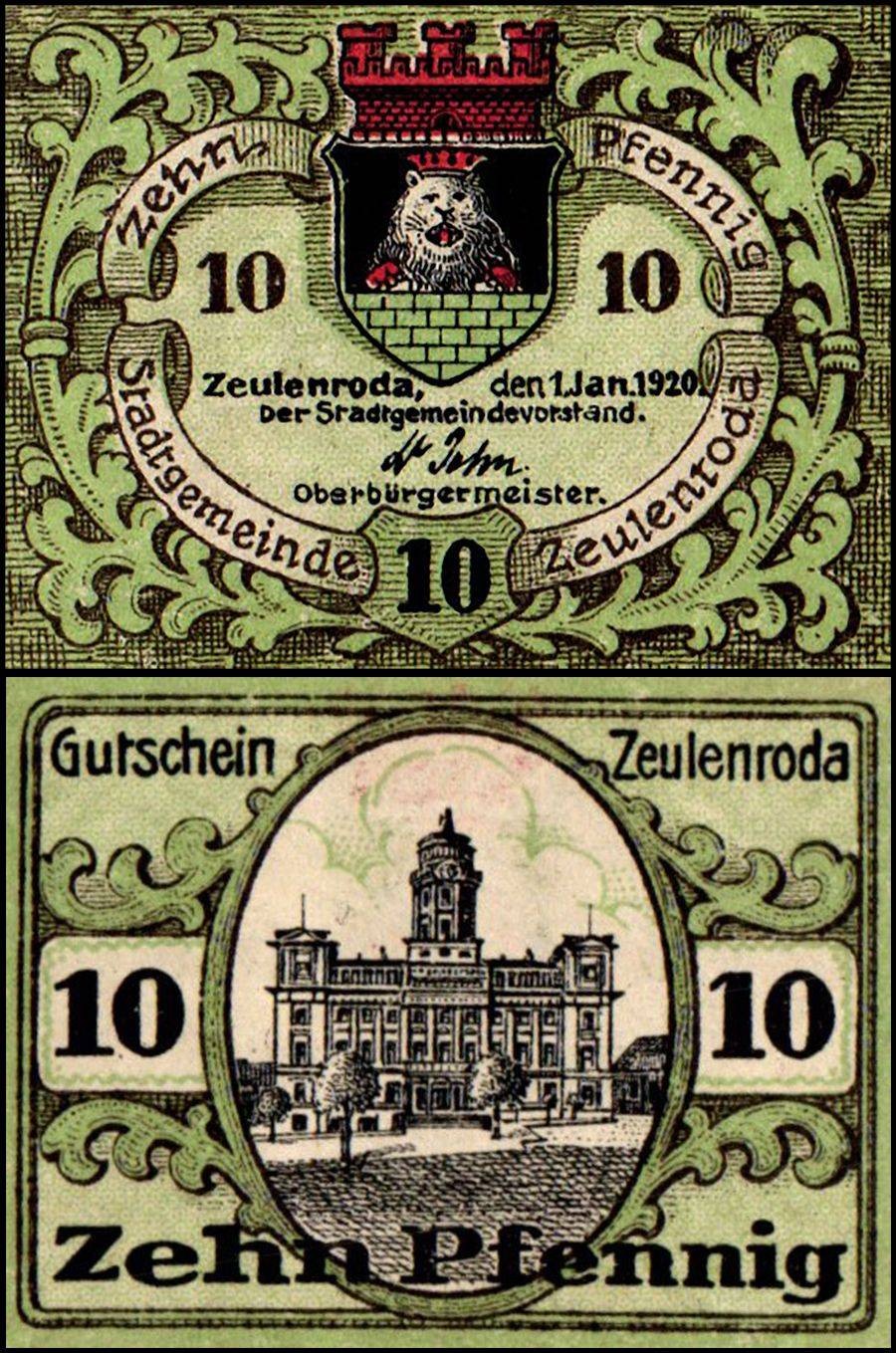 Zeulenroda 10 Pfennig Notgeld, 1920, Grabowski #Z8.8c, UNC