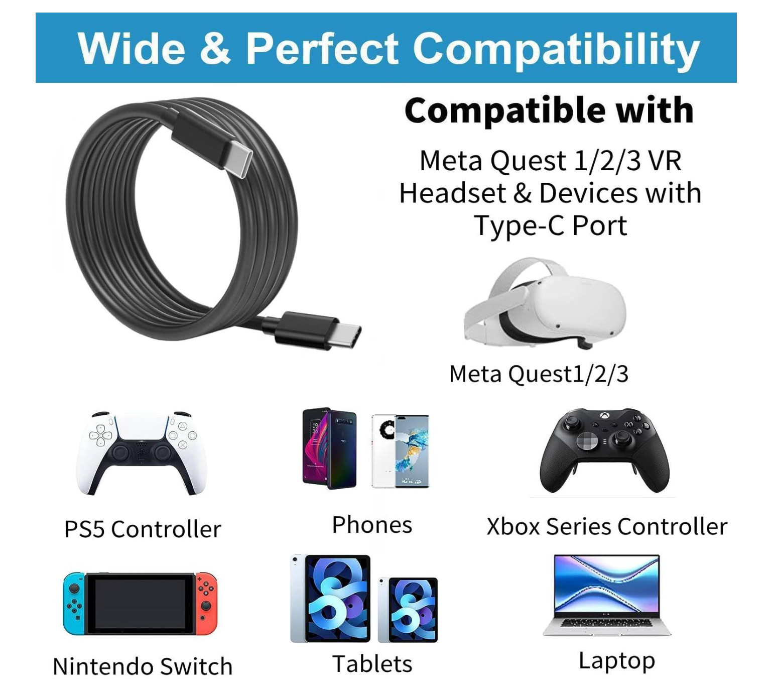 Meta Oculus Quest Virtual Reality Headset Cable - Black 1m