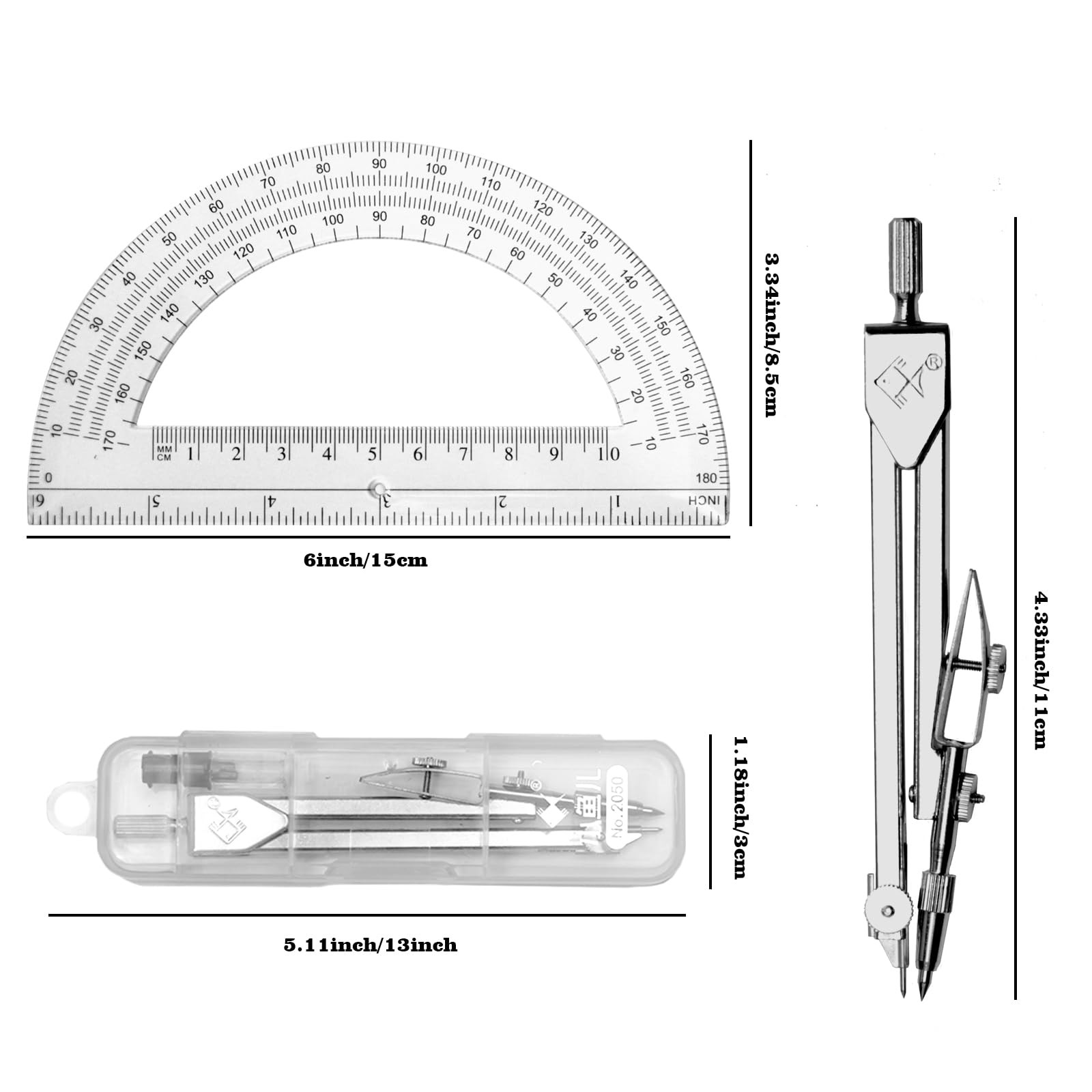 Students Geometry Math Set 6 Inch Transparent Swing Arm Protractor