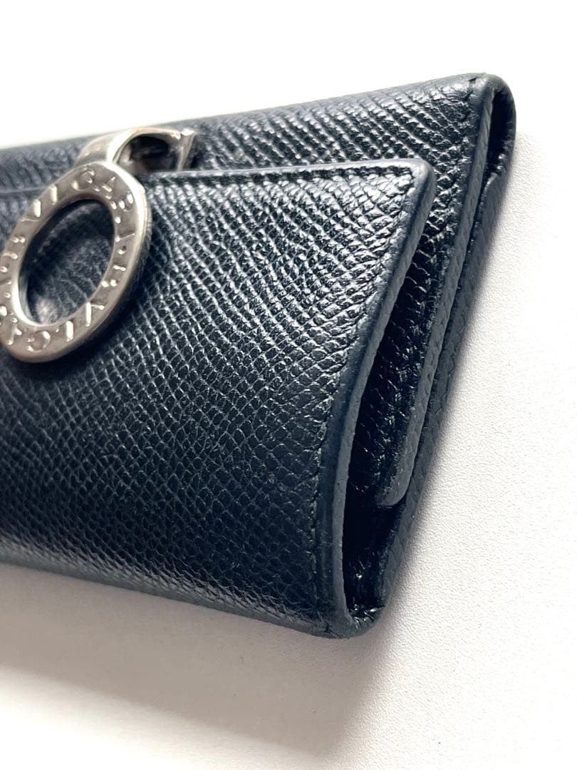 BVLGARI 6 Key Holder Black Leather Logo Ring Italy Wallet Case