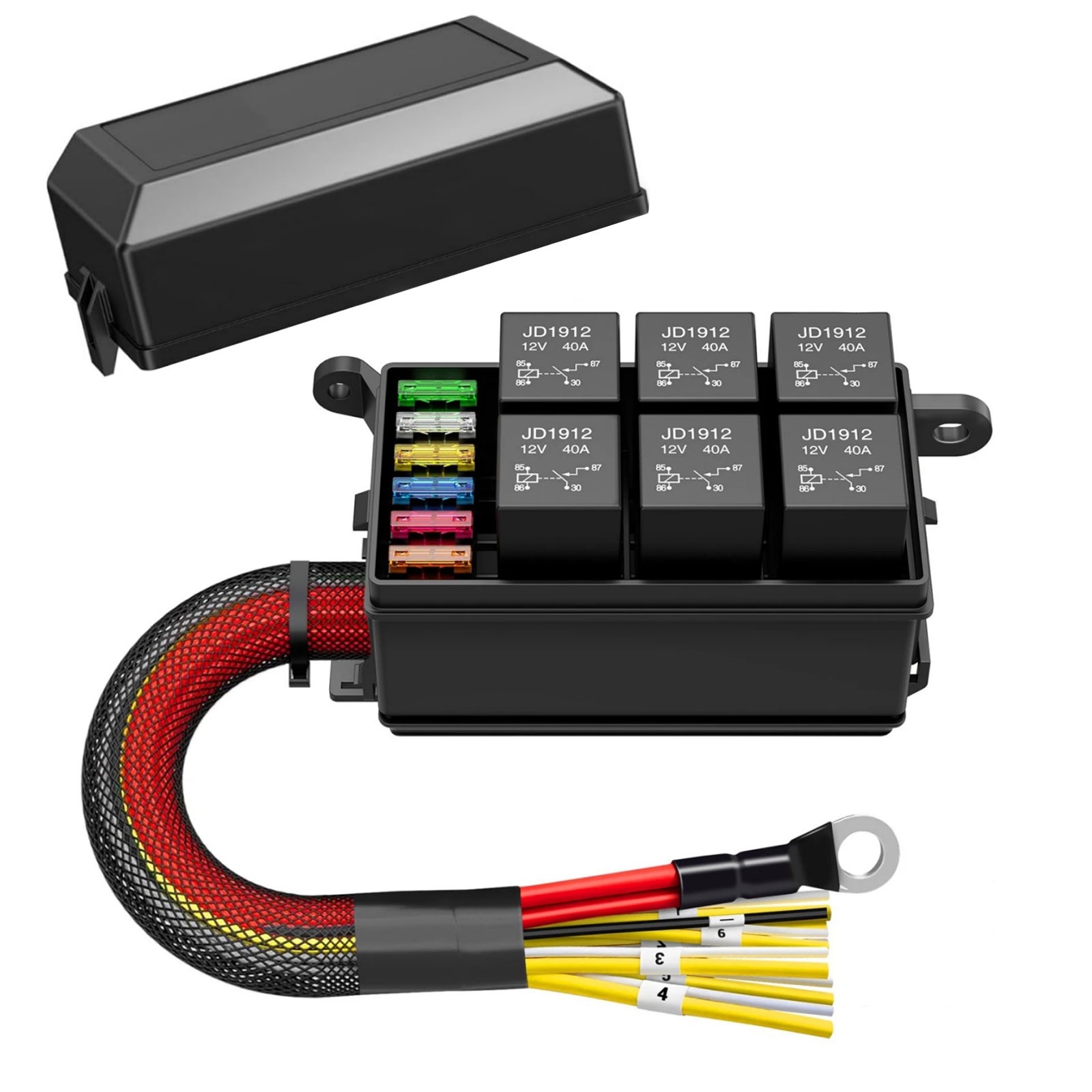 12V Automotive Relay Block 6 Way Pre-Wired Fuse Box for Car Truck Vehicle System
