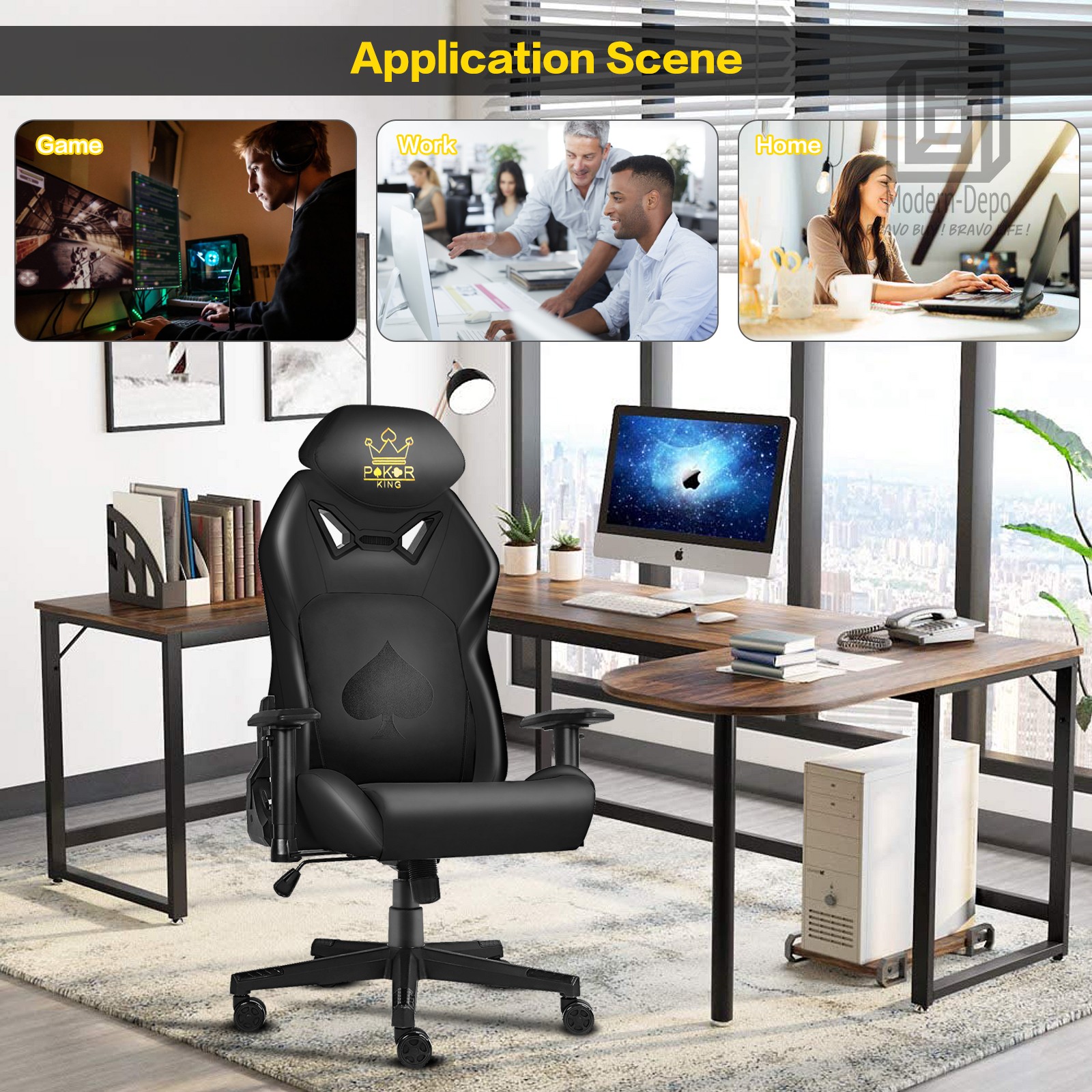 Ergonomic Video Poker Gaming Chair Recliner with Texas Hold'em Sign Swivel Chair