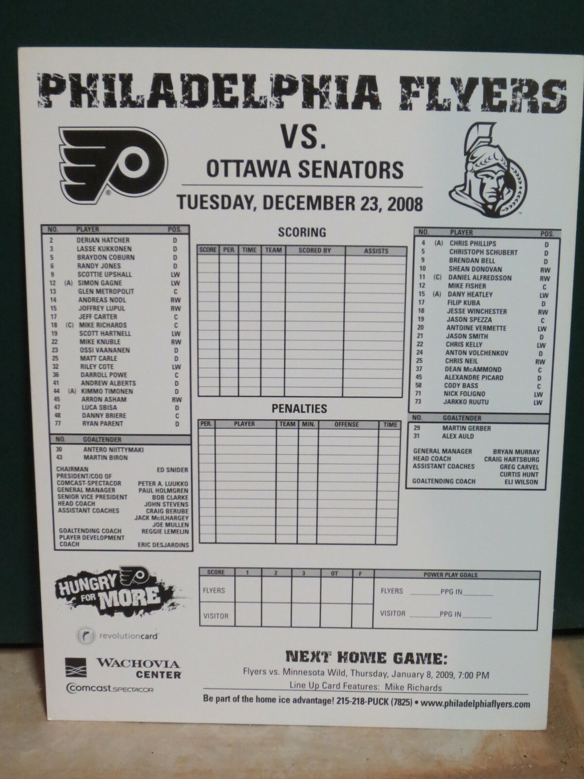 PHILADELPHIA FLYERS-OTTAWA SENATORS December 23, 2008 SCORECARD