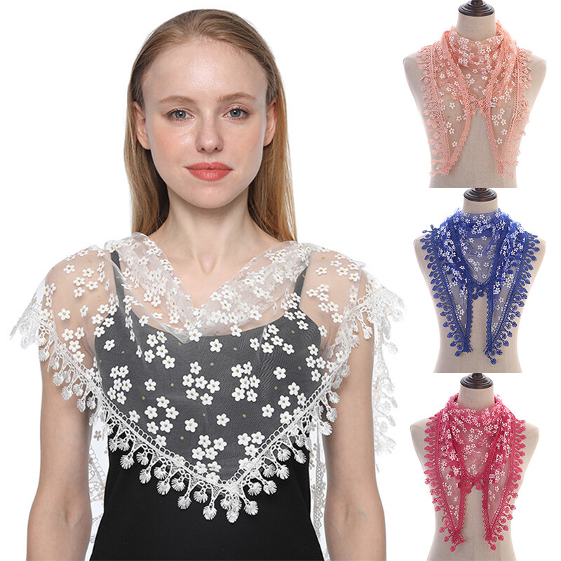 Women Lace Floral Print Triangle Veil Church Mantilla Scarf Shawl Wrap Tassel ⁂