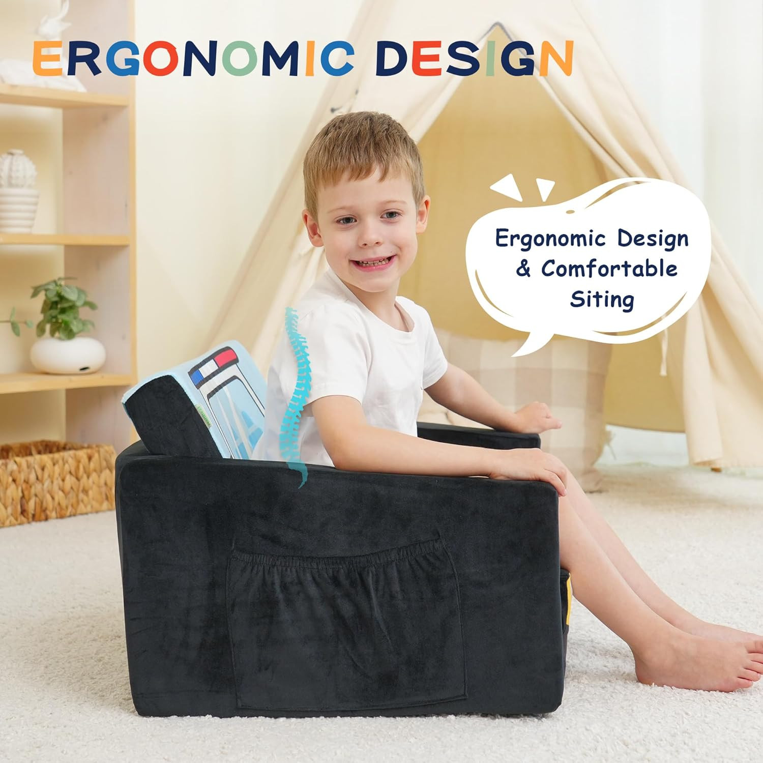 Kids Police Car Sofa Bed - Toddler Flipout Couch & Recliner (Black)