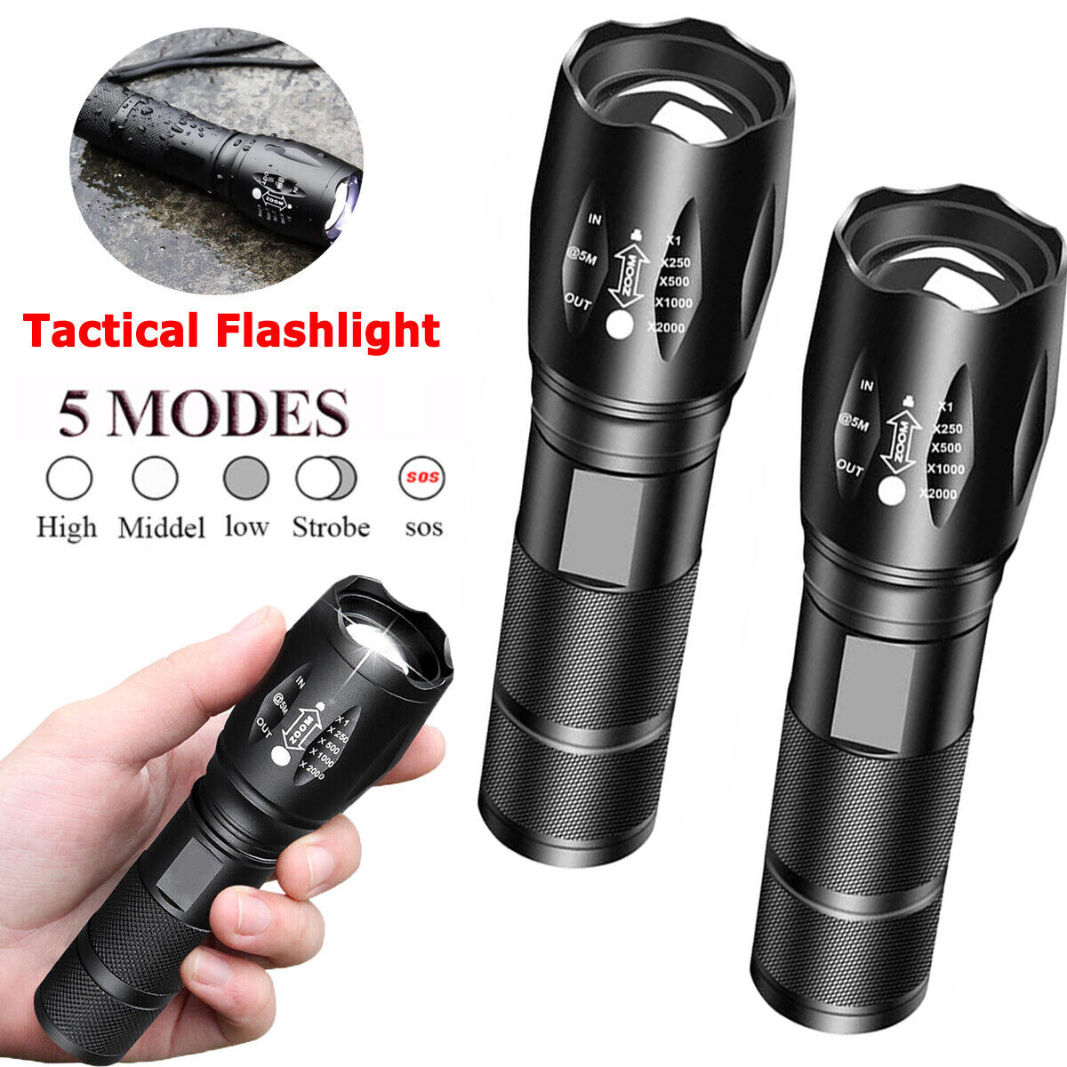 3 Pack Super-Bright 90000LM LED Tactical Flashlight 5 Modes Zoomable Torch Light