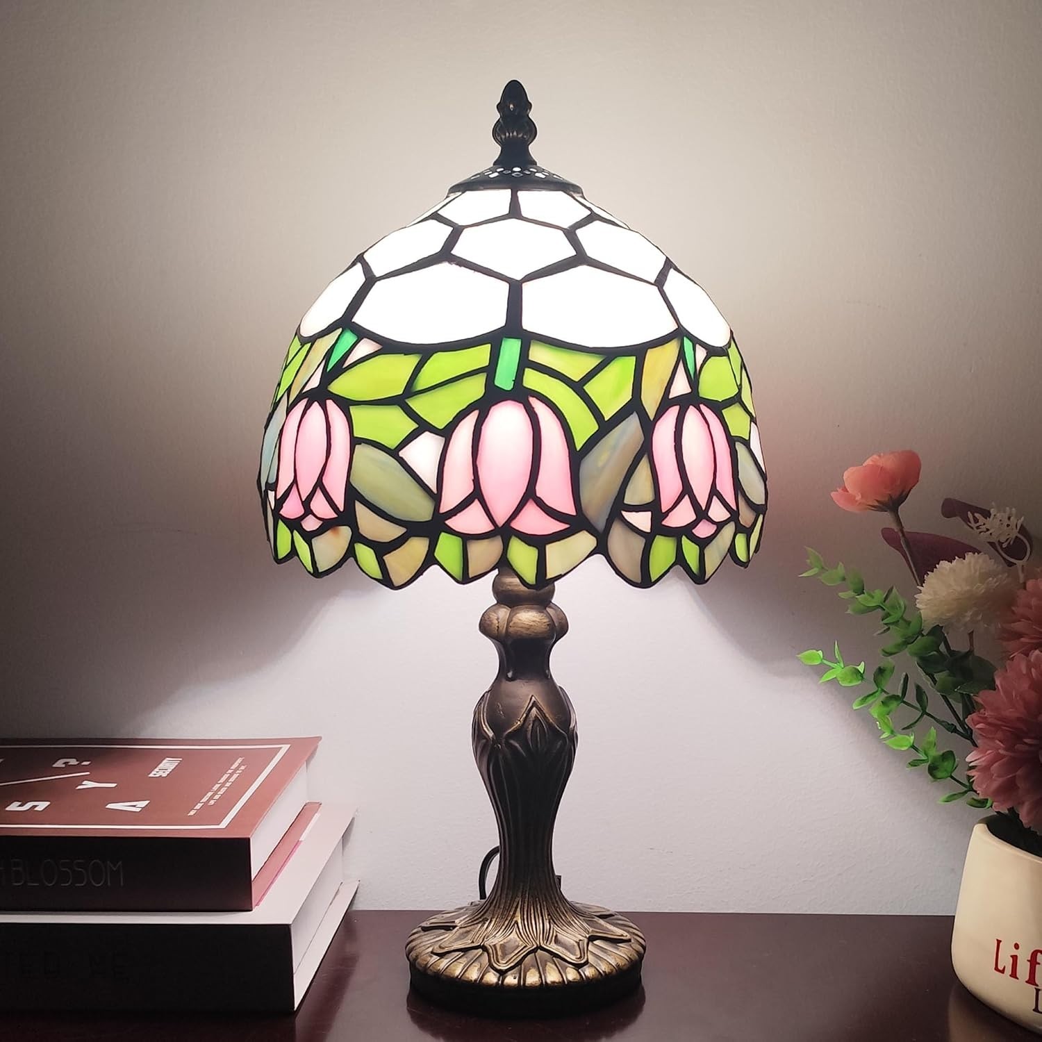 Tiffany Lamp 3-Way Dimmable Table Lamp Pink Tulip Stained Glass Reading Light Sm