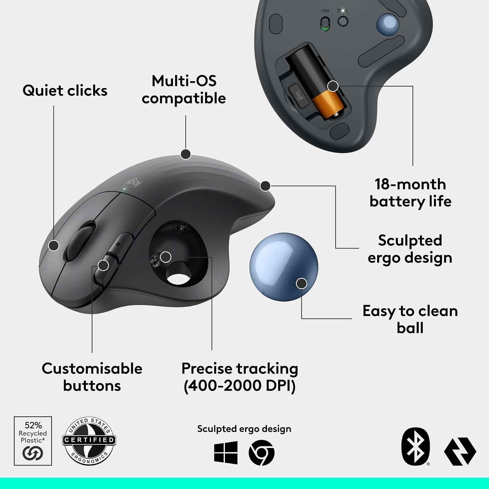 Logitech ERGO M575S Wireless Bluetooth Trackball Mouse - Graphite Blue