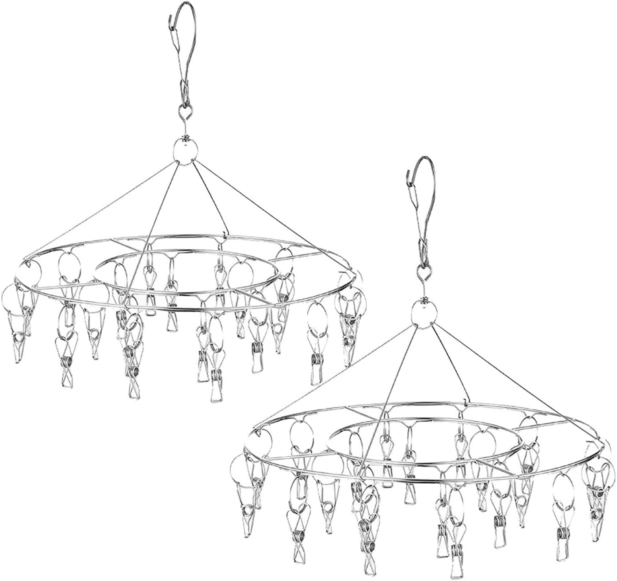 2 Pack Stainless Steel round Hanging Drying Rack with 20 Clips for Laundry