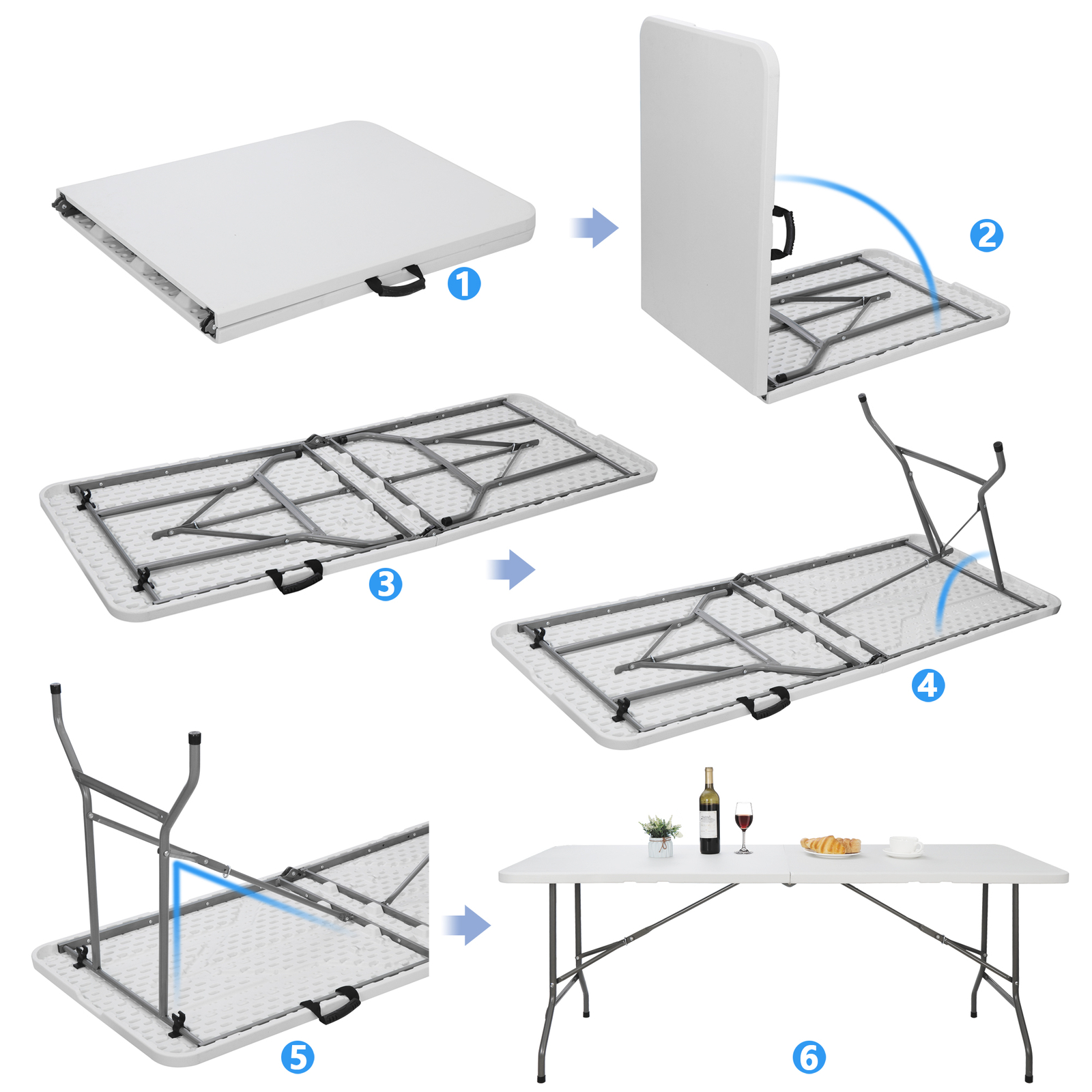 6' Plastic Table Fold-in-Half Picnic Utility Table w/ Handle Multipurpose White