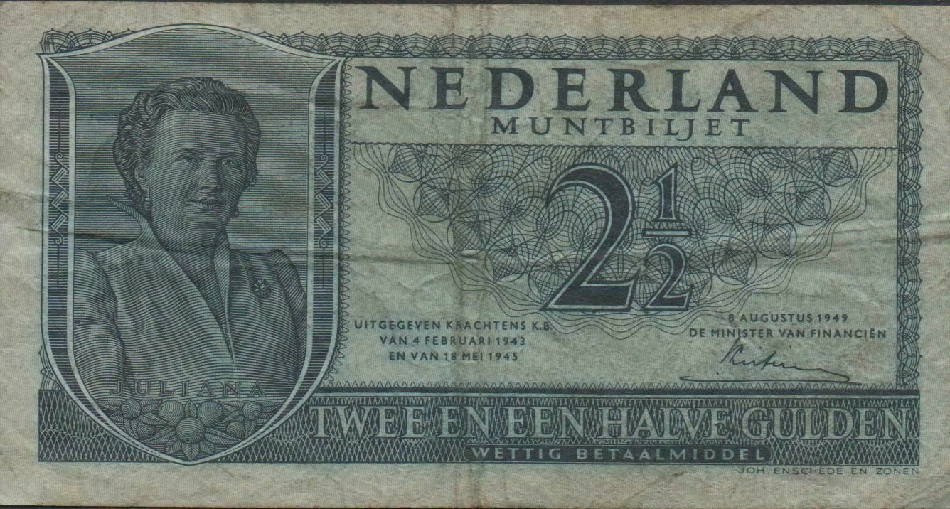 Netherlands  2 1/2  Gulden  8.8.1949  Series  4KA  Circulated Banknote LA10