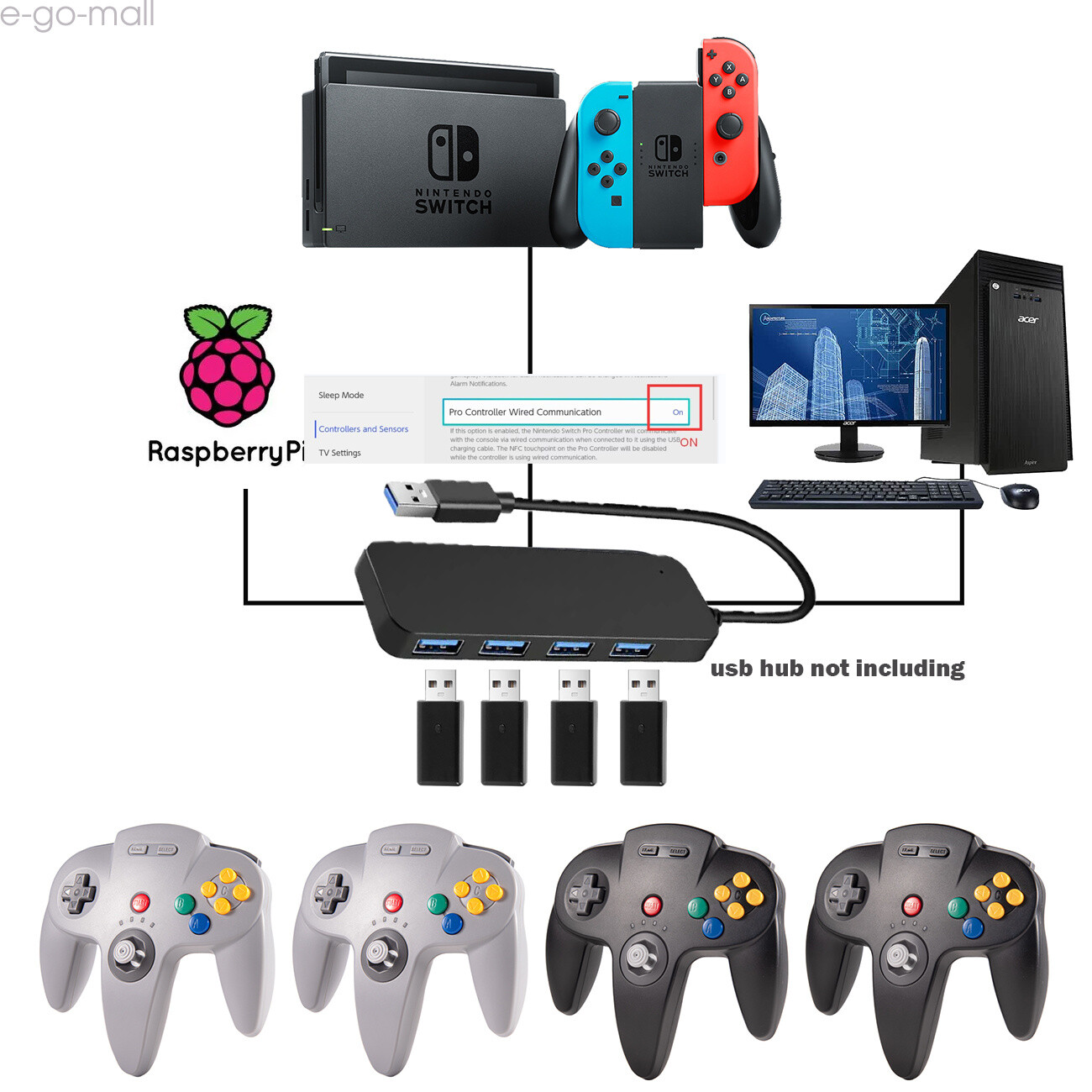2.4G Wireless Switch Controller for Nintendo 64/Switch/PC Mac Window Rumble Pak