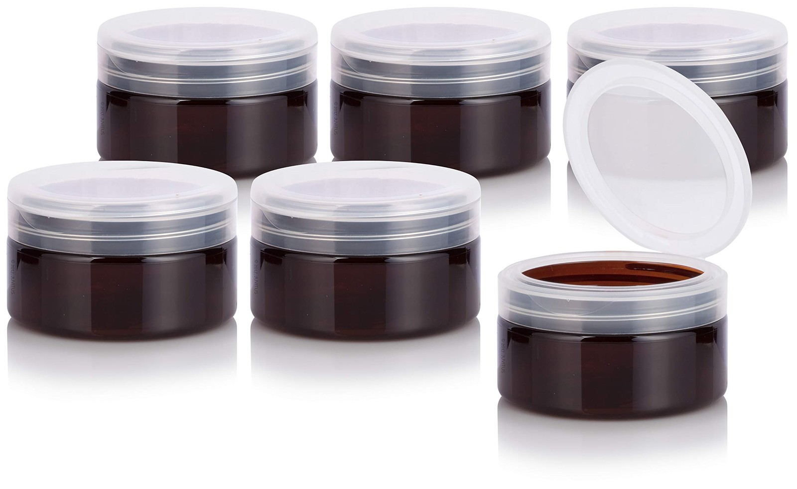 6 PCS 8 oz Amber PET Plastic Wide Mouth Low Profile Jar Clear Flip Lid Caps