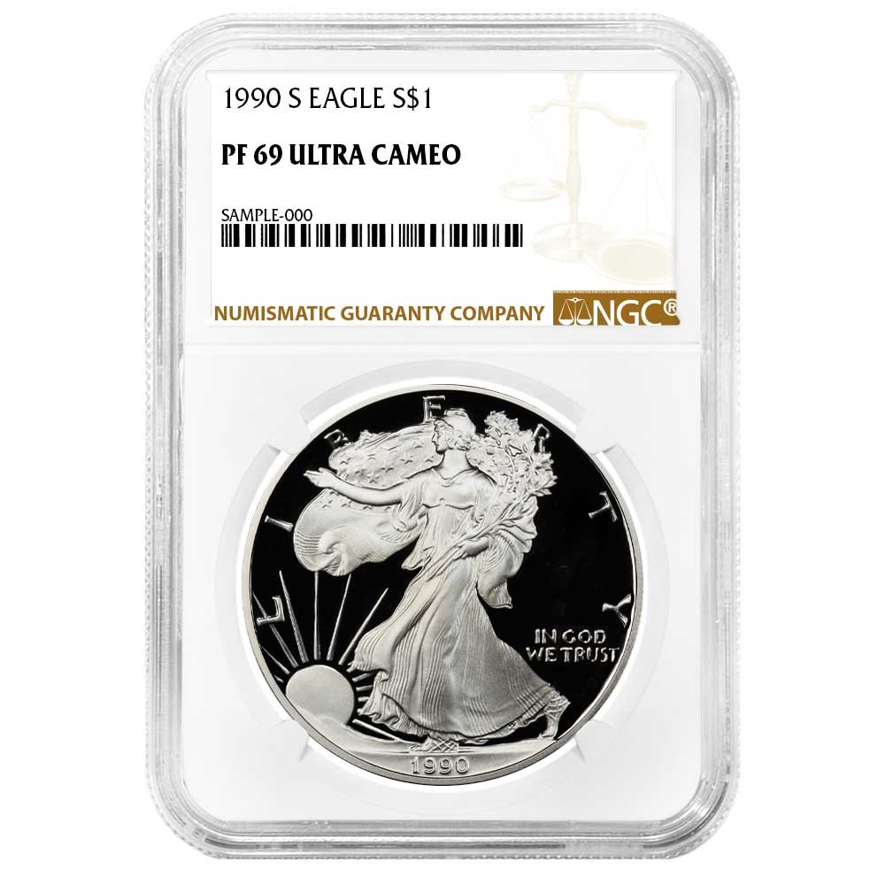 1990-S $1 1-oz Proof American Silver Eagle NGC PF69UC Brown Label