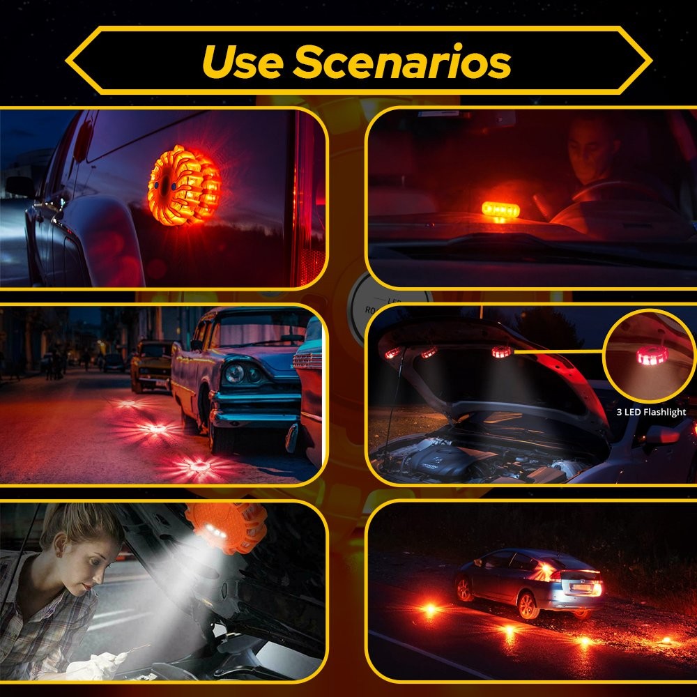 2PCS LED Safety Flare Warning Disc Flashing Roadside Light Strobe Beacon