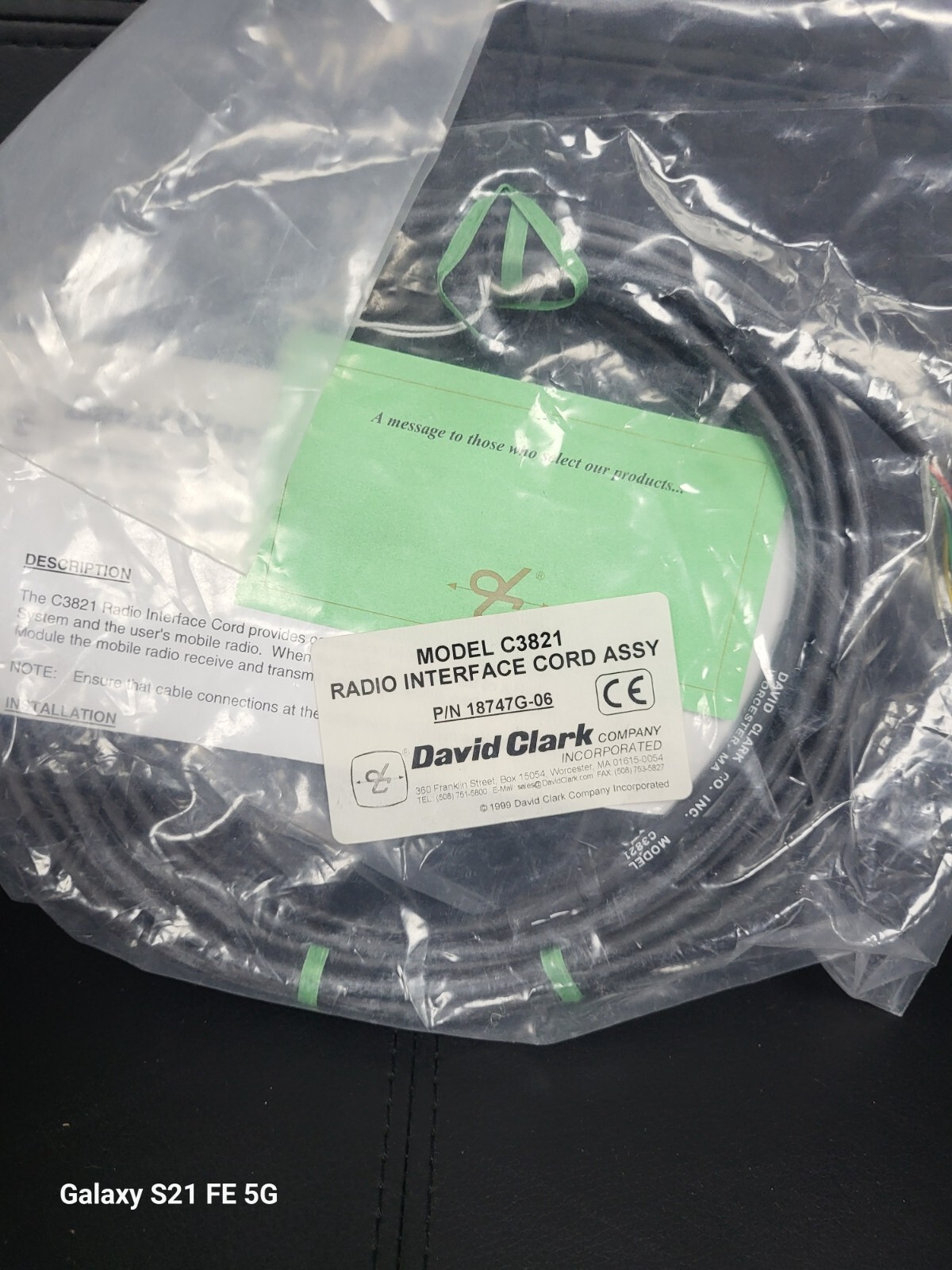 David Clark Model C3821 Radio inteface Cord
