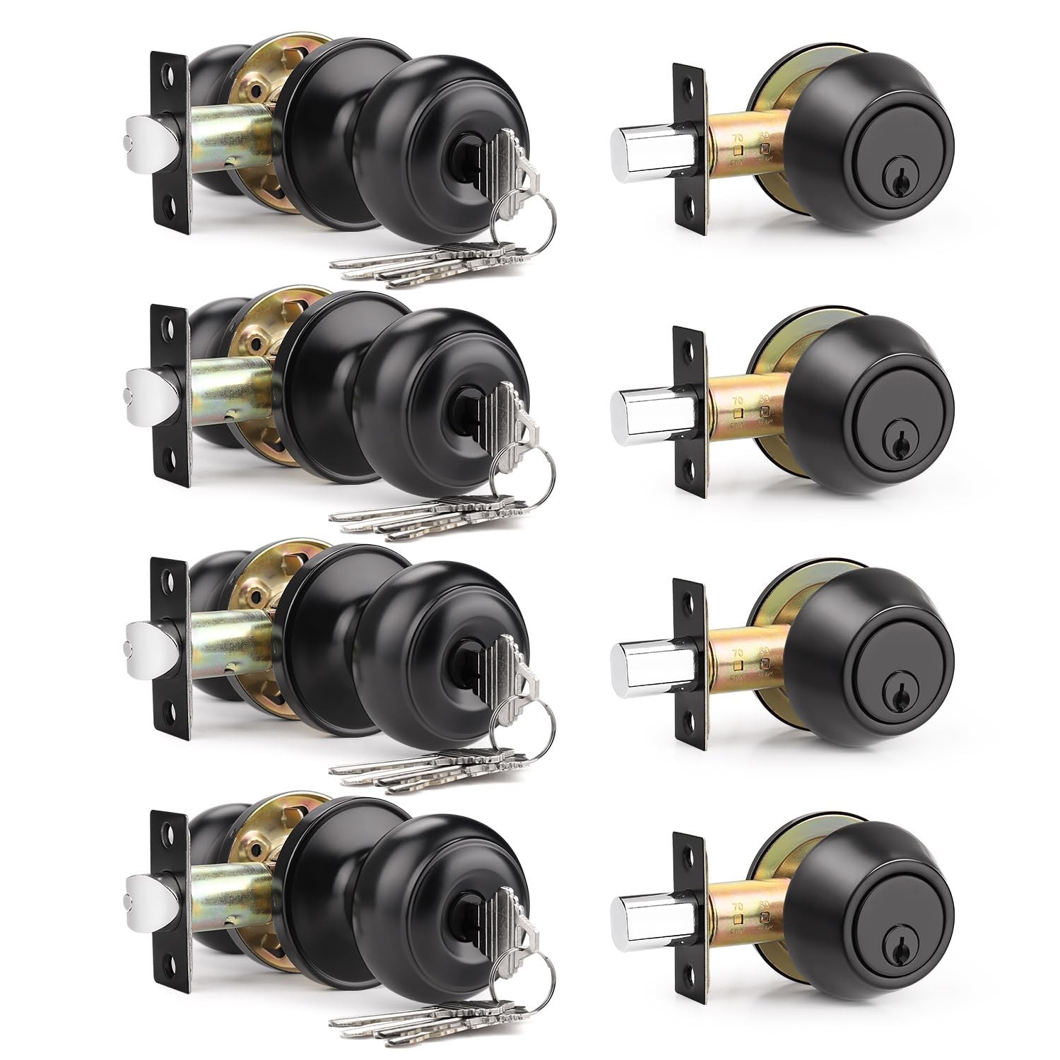 Brotima 4 Pack Keyed Alike Front Door Knob and Deadbolt 4 Pack, Matte Black